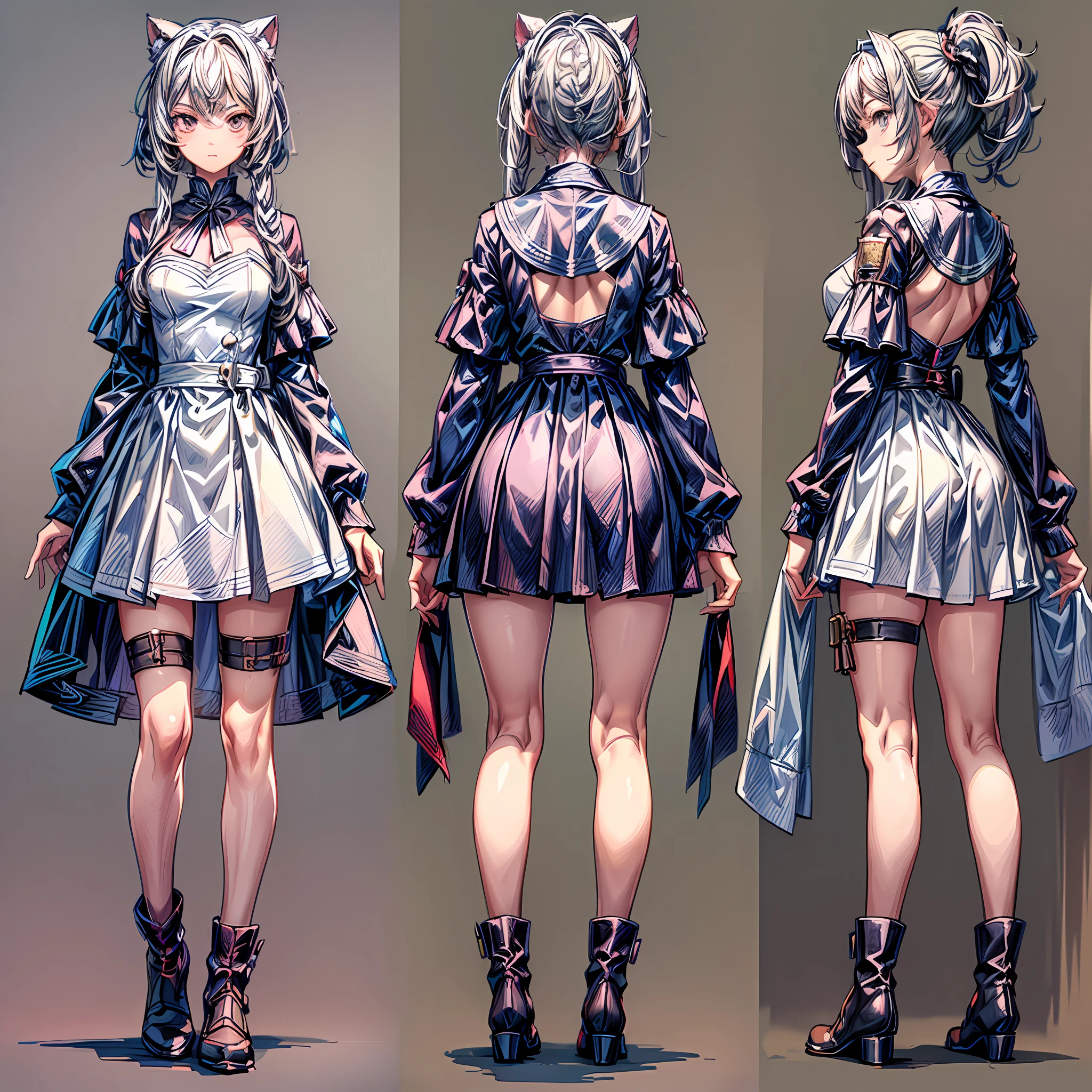 ((masterpiece)),(((best quality)),(character design sheet, same character, same outfit, front, side, back), illustration, 1 girl, normal 21st century clothing, (simple background, white background: 1.3), without much exposed skin