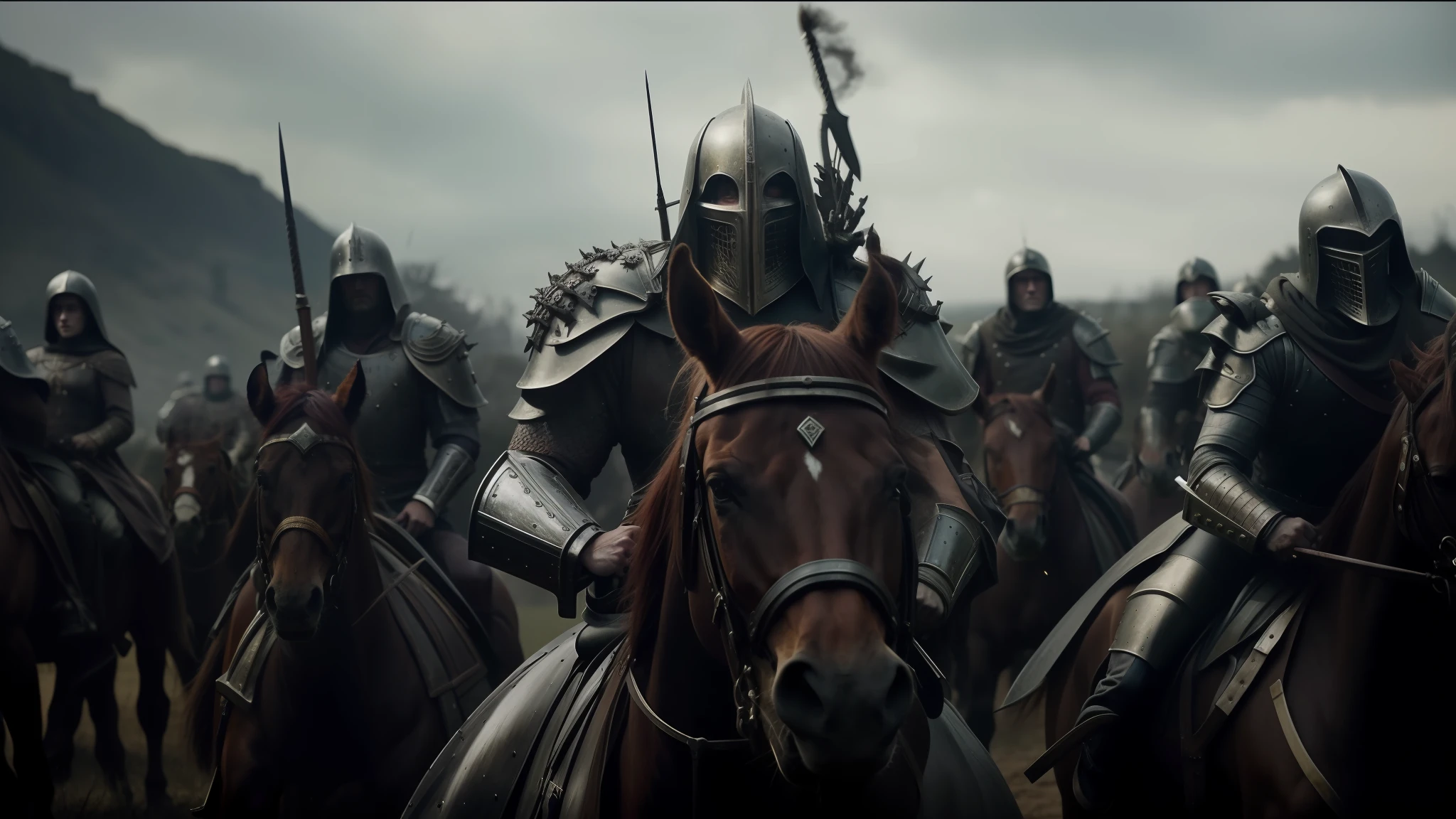 a close-up of a group of people riding horses in a field, elden ring cinematic lighting, heavy metal band promotion, inspired by Kazimierz Wojniakowski, HD screenshot, dressed in military armor, keyframe, helltaker, no text, crusader saint, wolfenstein, by Vladimír Vašíček, 1 0 0 ad