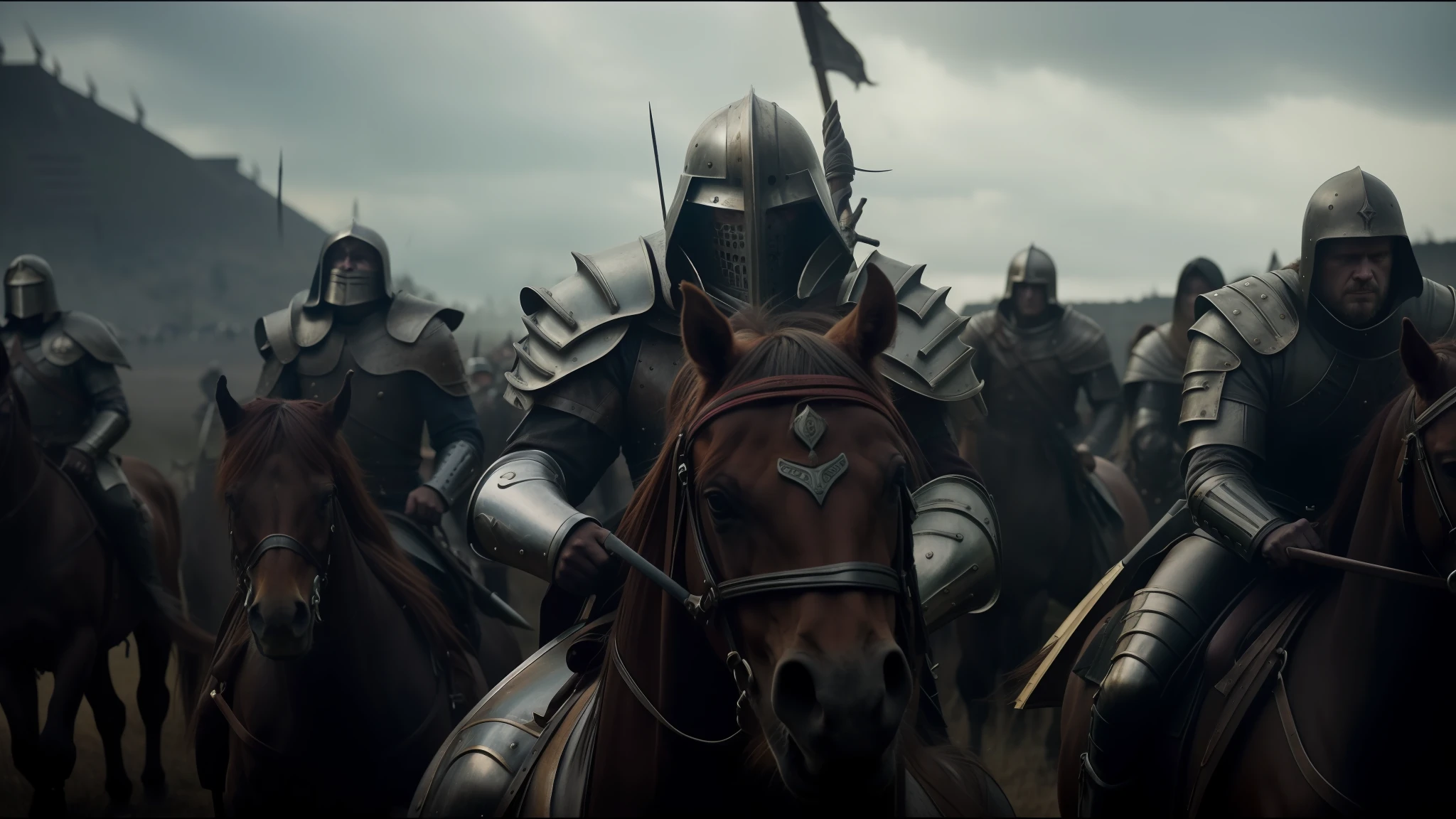 a close-up of a group of people riding horses in a field, elden ring cinematic lighting, heavy metal band promotion, inspired by Kazimierz Wojniakowski, HD screenshot, dressed in military armor, keyframe, helltaker, no text, crusader saint, wolfenstein, by Vladimír Vašíček, 1 0 0 ad
