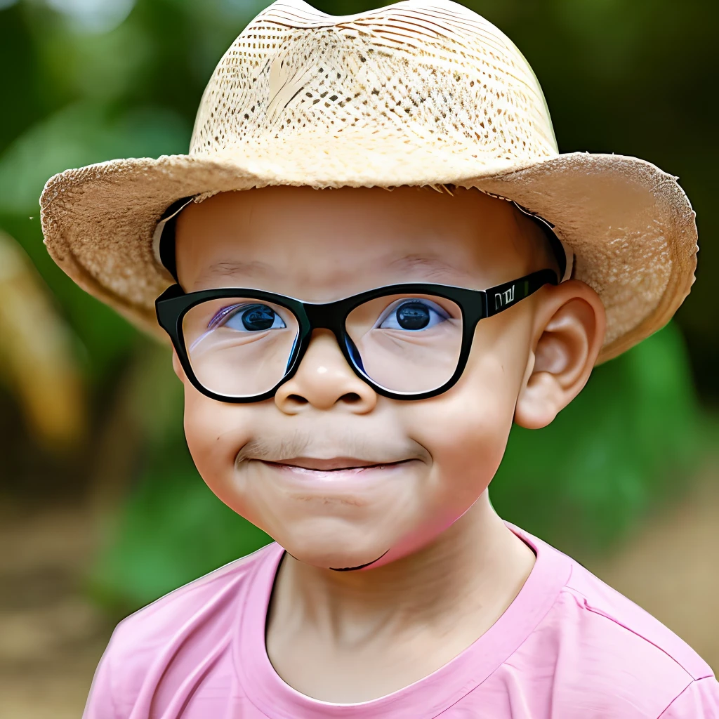 guttonerdvision4, portrait of a 3-year-old boy with a firm face, wearing a straw hat, realistic image, intricate details
