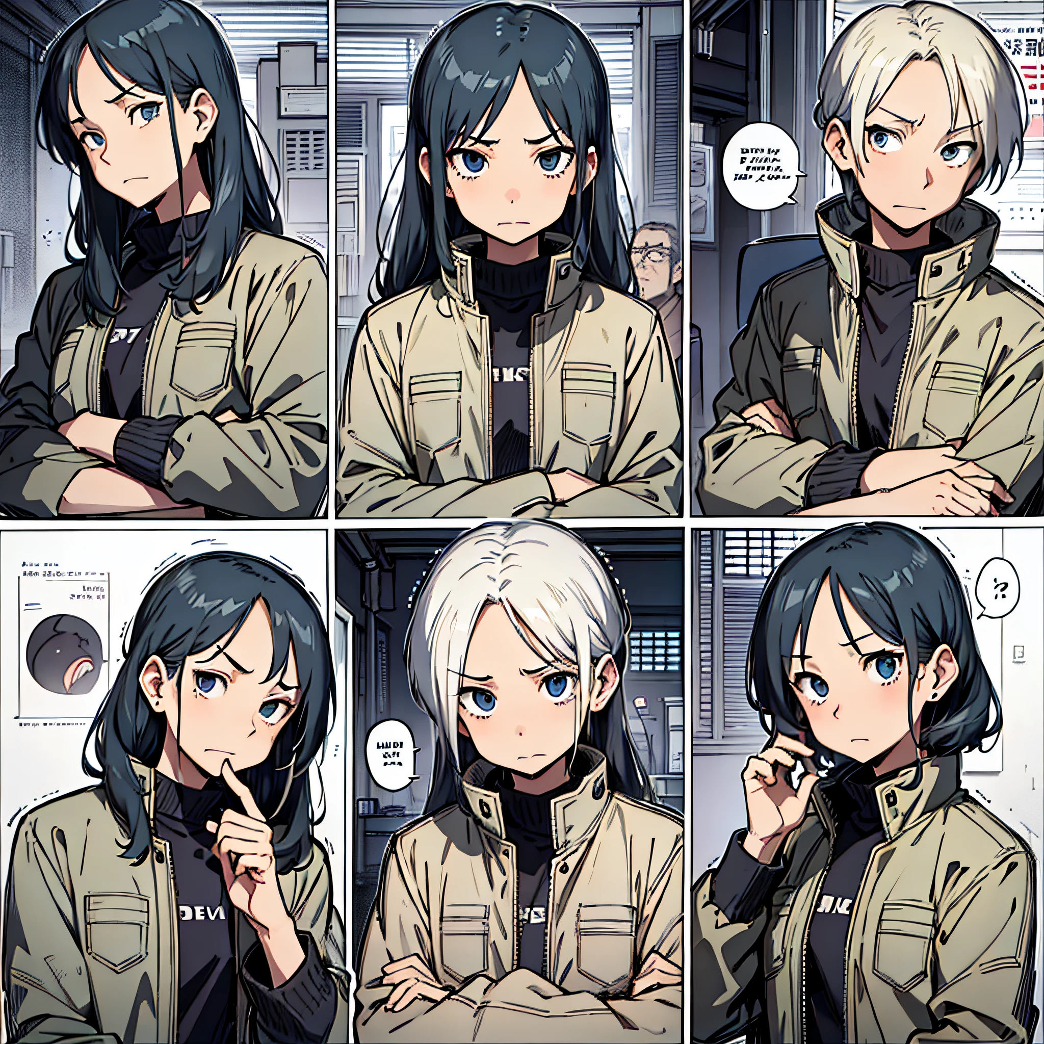A Korean-style webtoon page with multiple frames of the same character wearing the same clothes and making multiple facial expressions. Each frame contains a dialogue bubble with written text:

Frame 1: The character has a surprised expression and the dialogue bubble says, "wow."
Exhibit 2: The character is laughing out loud, and the dialogue bubble says, "what a little child!"
Exhibit 3: The character looks thoughtful, with one hand on his chin, and the dialogue bubble says, "makes sense..."
Frame 4: The character appears frustrated, with his arms crossed and an eyebrow furrowed. The dialogue bubble says, "Behave girls!"
Frame 5: The character shows emotion, with wide eyes and open mouth. The dialogue bubble says, "Phew!"
Frame 6: The character looks confused, with his head tilted and his eyebrow raised. The dialogue bubble says, "Is this serious?"
Frame 7: The character listens intently, with one hand wrapped around his ear. The dialogue bubble says, "I get it."
Table 8: The character smiles warmly, accompanied by a friendly wave. The dialogue bubble says, "let's go home."

The frames are arranged in a sequential order, and each frame shows a different facial expression of the character. Dialogue bubbles contain written text corresponding to the character's thoughts or spoken words. The character's consistent clothing adds continuity to the page.