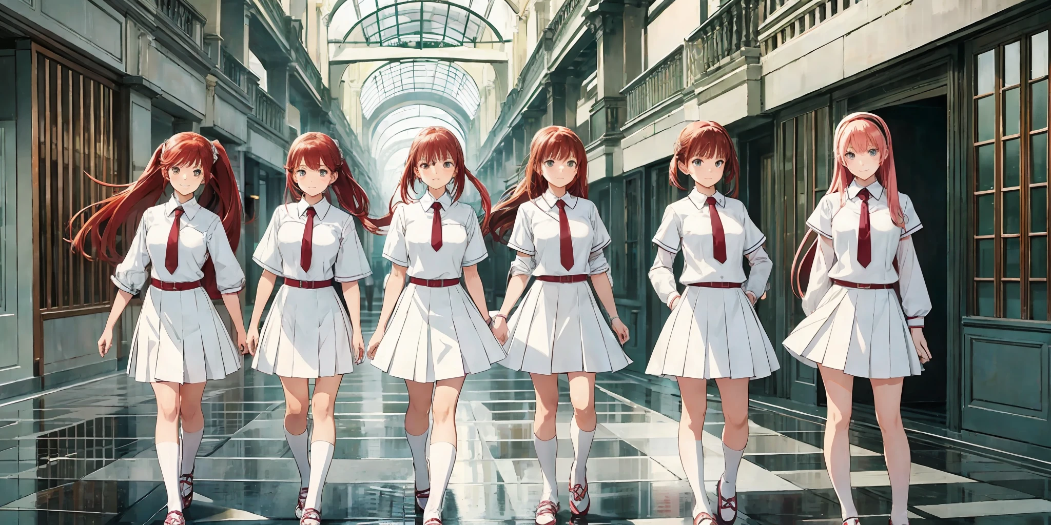 perfect anime illustration, multiple girls, thousands of girls, millions of girls, clones, identical sisters, red hair, ponytail, matching hairstyle, hazel eyes, smiling, white skin, matching outfits, green skirt suits, neckties, businesswomen, high heels, office, highres, full body, bare legs, neat rows of sisters, neat columns of sisters, sisters standing in formation, sisters in background