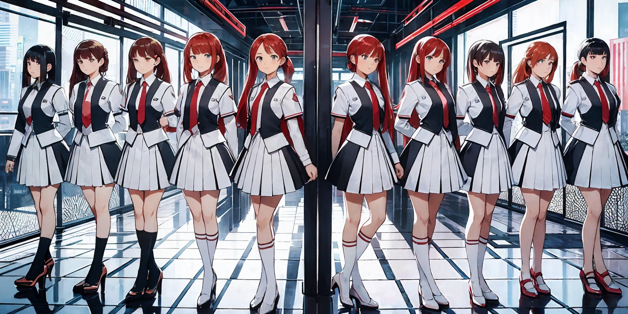 perfect anime illustration, multiple girls, thousands of girls, millions of girls, clones, identical sisters, red hair, ponytail, matching hairstyle, hazel eyes, smiling, white skin, matching outfits, green skirt suits, neckties, businesswomen, high heels, office, highres, full body, bare legs, neat rows of sisters, neat columns of sisters, sisters standing in formation, sisters in background