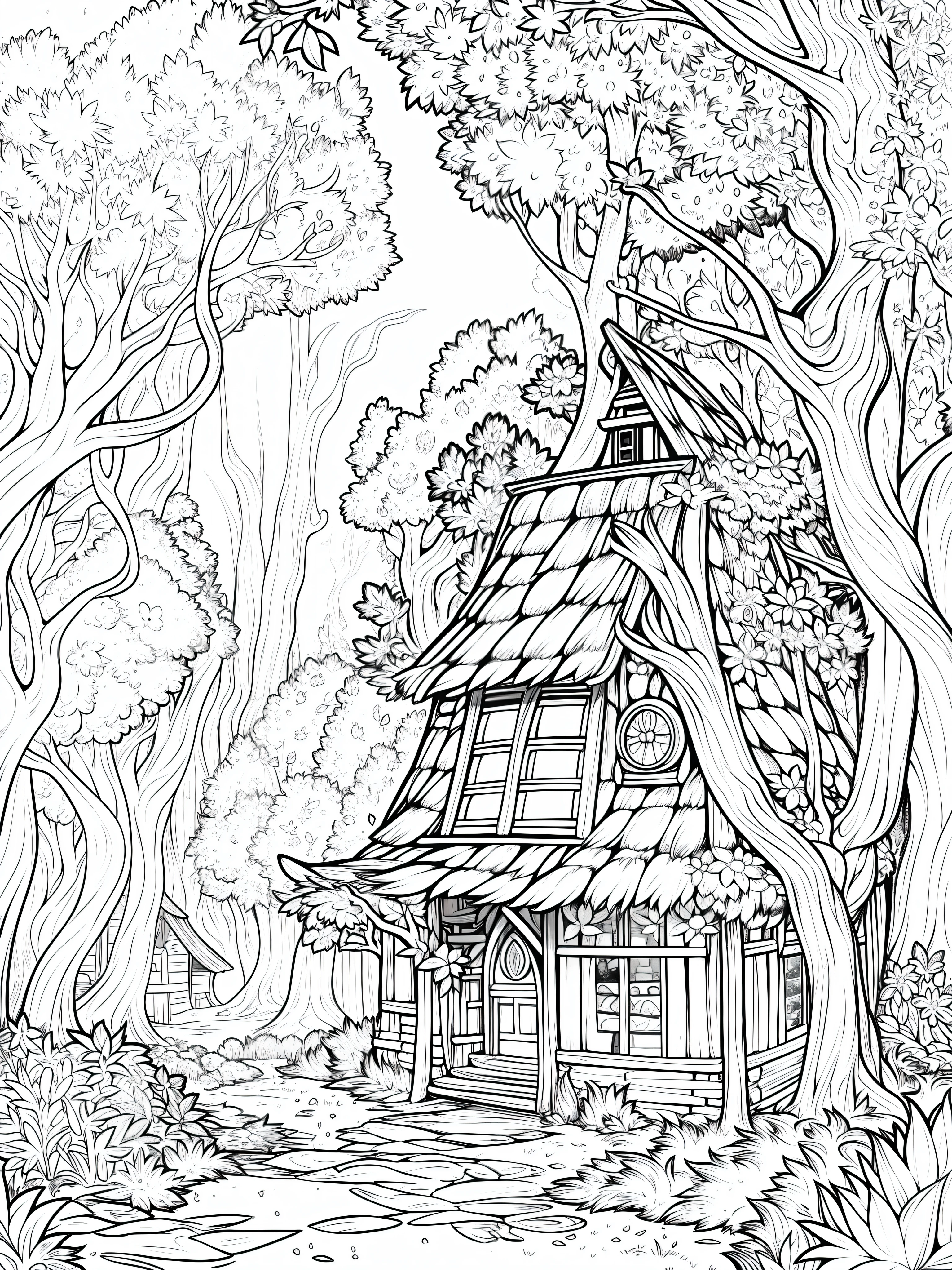 (A cute magical forest with one hidden cottage), (a fairy peeking out from behind a tree) black ink lineart, outline only, perfect for a coloring book's page, disney style