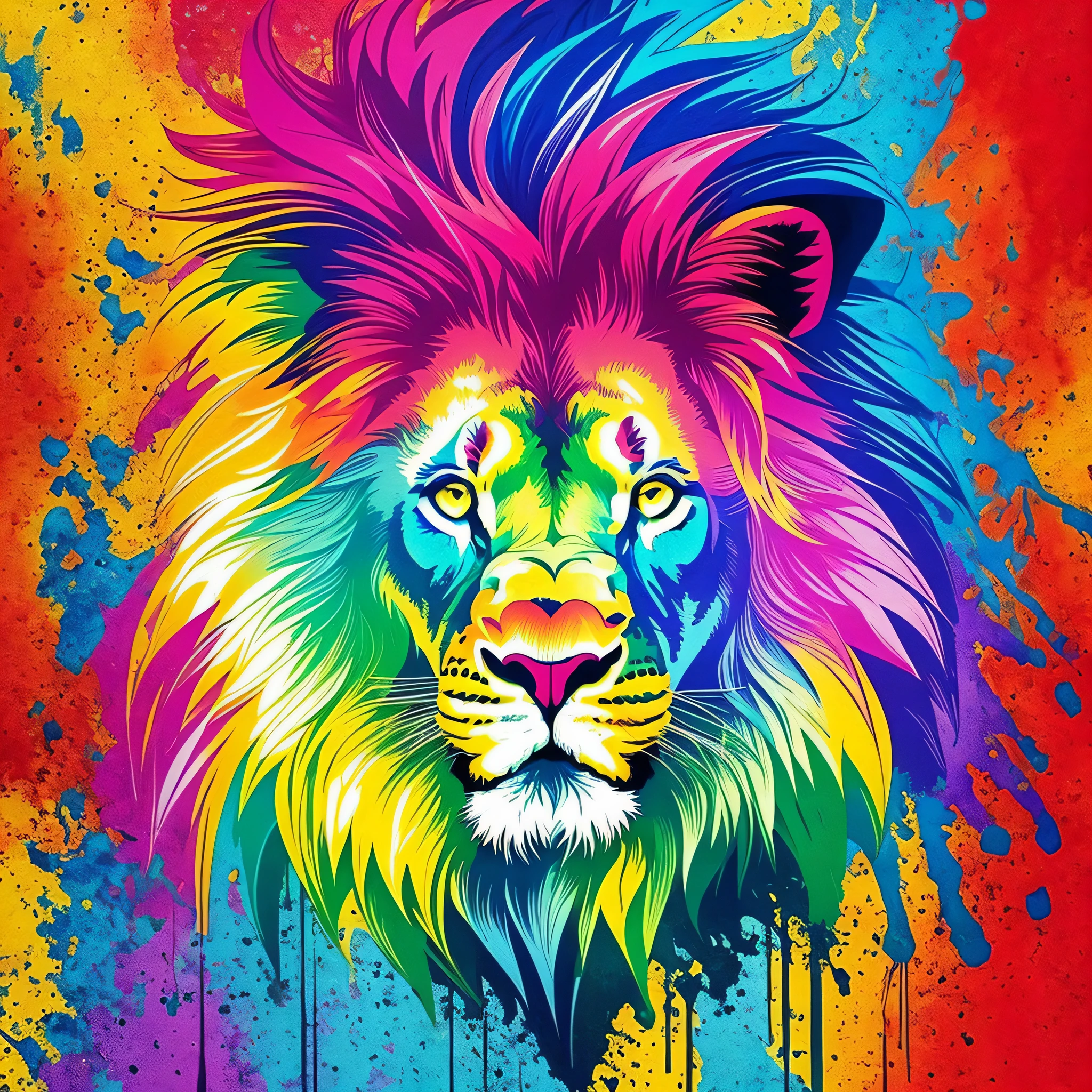 a colorful lion, color printing, multicolored tshirt art, color ink, high detail colors, half lion, shirt art, lion head, painted in high resolution, a t-shirt. blender art, silk screen t-shirt design 4k, tshirt design, silkscreen t-shirt art, by Android Jones, fire lion --auto --s2
