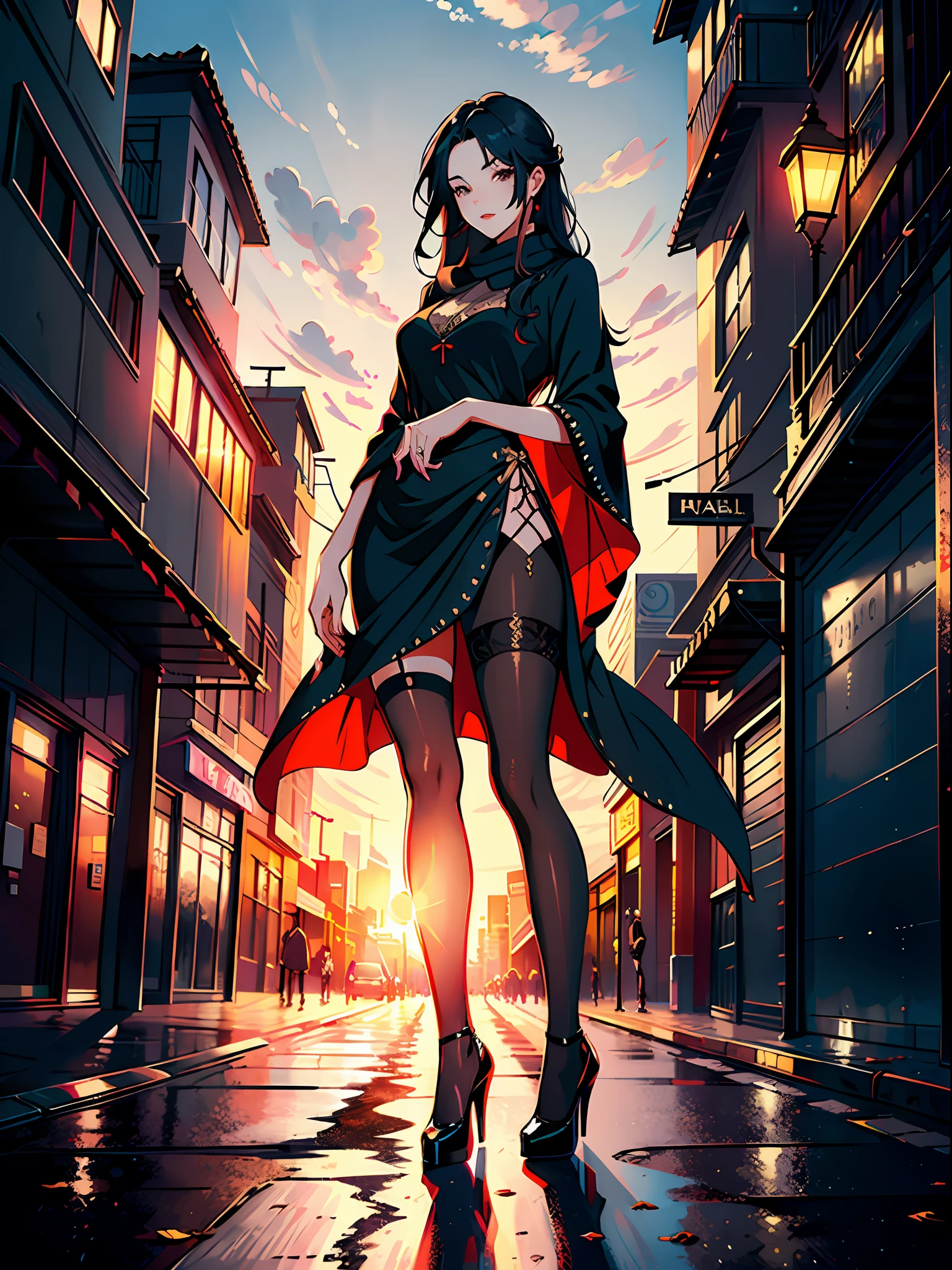 ((Masterpiece)),((Best Quality))),((Ultra Detail)),((Illustration)),A mature girl. Long black shawl hair, hip skirt, high heels, on the street in the evening, sunset