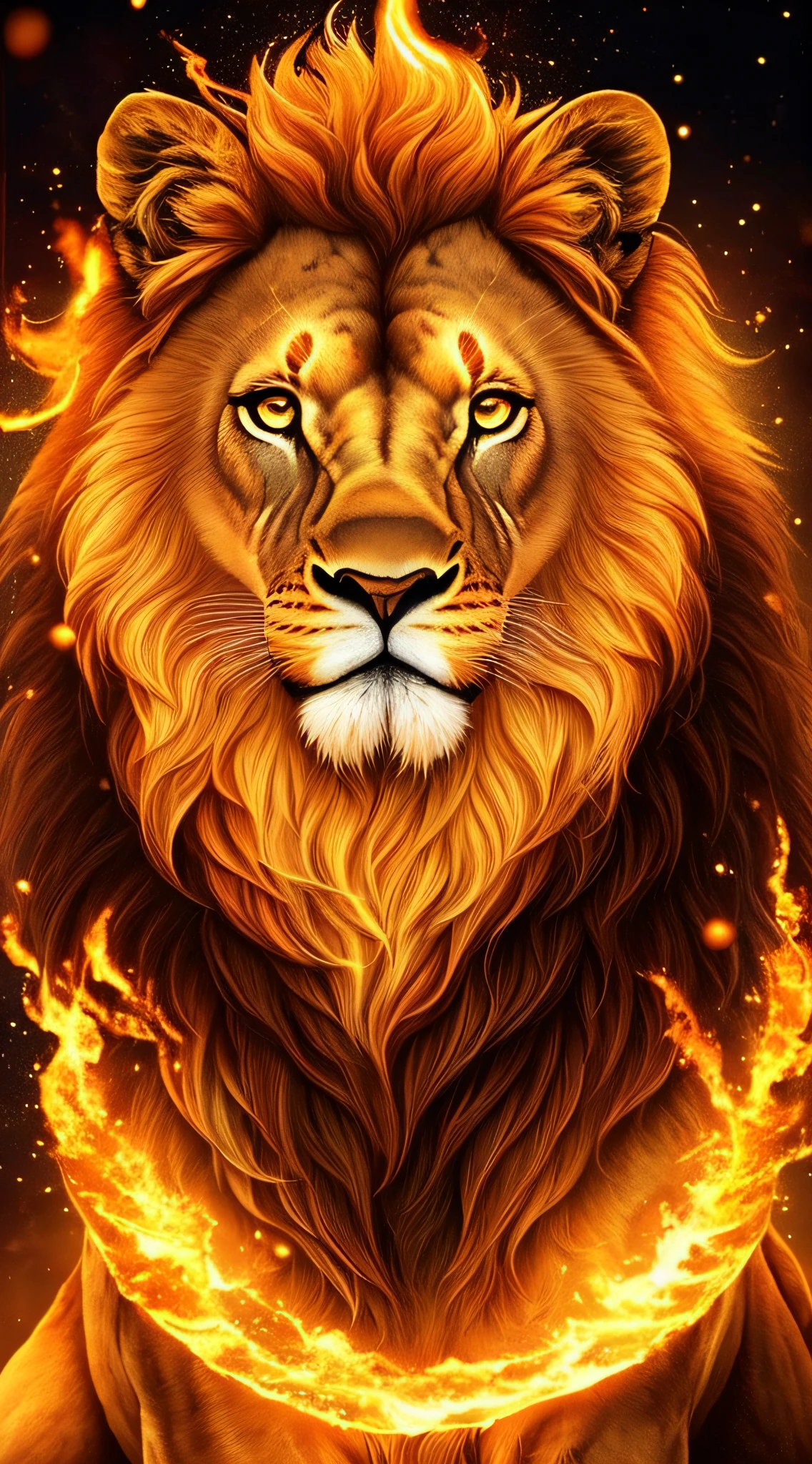 An royale King Lion full boby, background galaxy, magic 3D, full resolution style RTX with flaming eyes sitting on a throne, captured through Photography with a 35mm lens. Inspired by the artistry of National Geographic photographers, the scene portrays the majestic lion, regal and powerful. The color temperature is warm, with golden hues highlighting the lion's magnificence. The lion's eyes burn with intense flames, emanating a sense of authority and dominance. The lighting casts dramatic shadows, creating a captivating atmosphere, symmetrical, full boby, big angle, rtx, bobybuilder