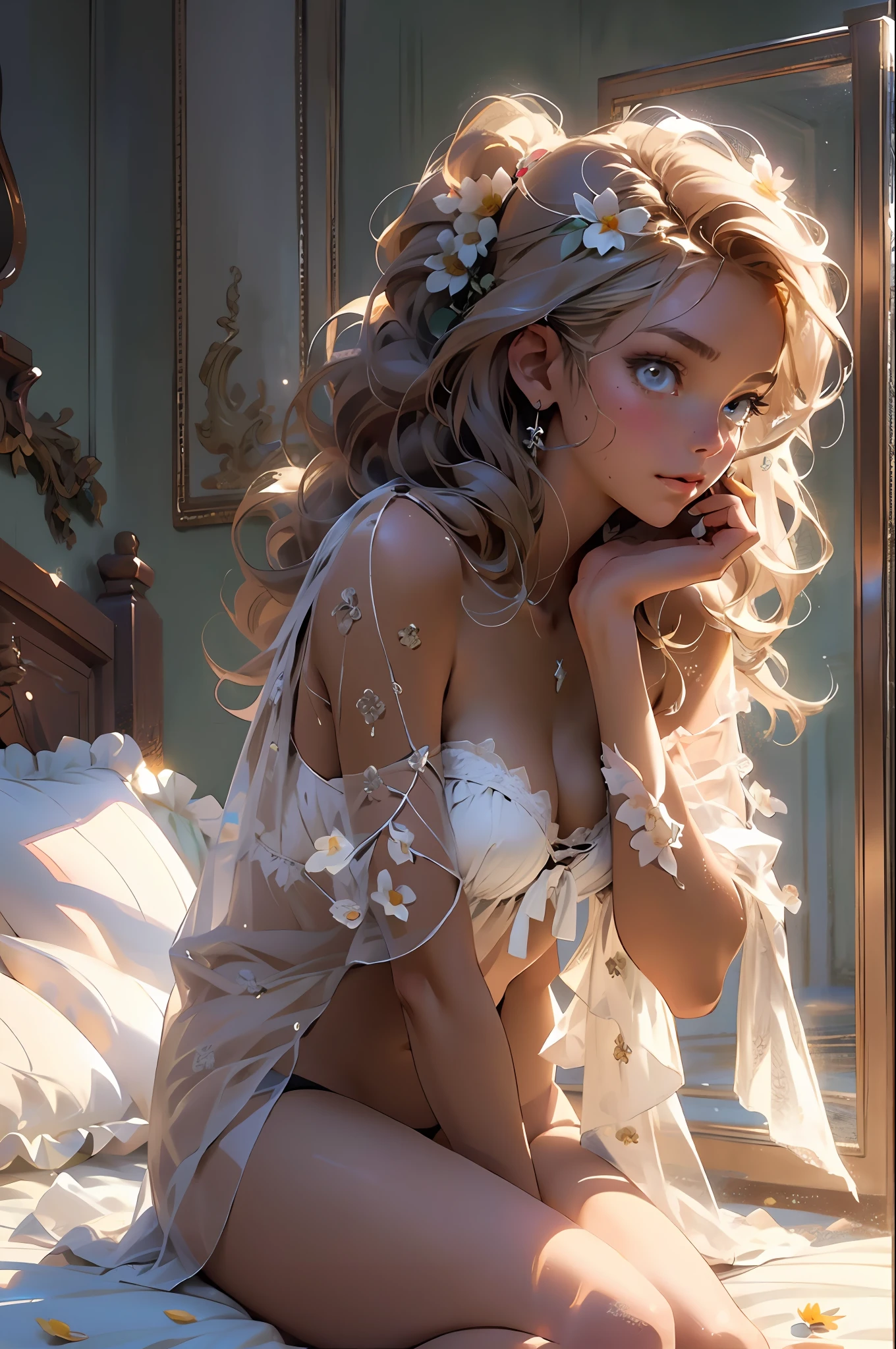 melancholy lighting, quiet, calm, brightness, masterpiece, best quality, 1girl, (JinxLol:1.2), (ultra photorealistic:1.3), (masterpiece:1.4), best quality, ((realistic)), high quality, ultra detailed, ((real image)), ((realistic skin)), ((realistic face)),(illustration:1.05), (beautiful:1.05), (beautiful detailed eyes:1.05), (cinematic light:1.1), full body, precise proportions, 18-year-old girl, skinny model lying next to the bed, hair fluttering in the wind, tulle, long legs, feet slightly open, buttocks, blush, shyness, collarbone, abdominals, double weave, beautiful and delicate face, fair skin, real skin, (face detail), pores, super high resolution, 8k, parameters Best quality, masterpiece, super high resolution, (Realistic 2.0), More details, detailed skin, white panties, straight brown hair, perfect and well designed eyes, girlfriend, beautiful, beautiful, flowers, studio lighting