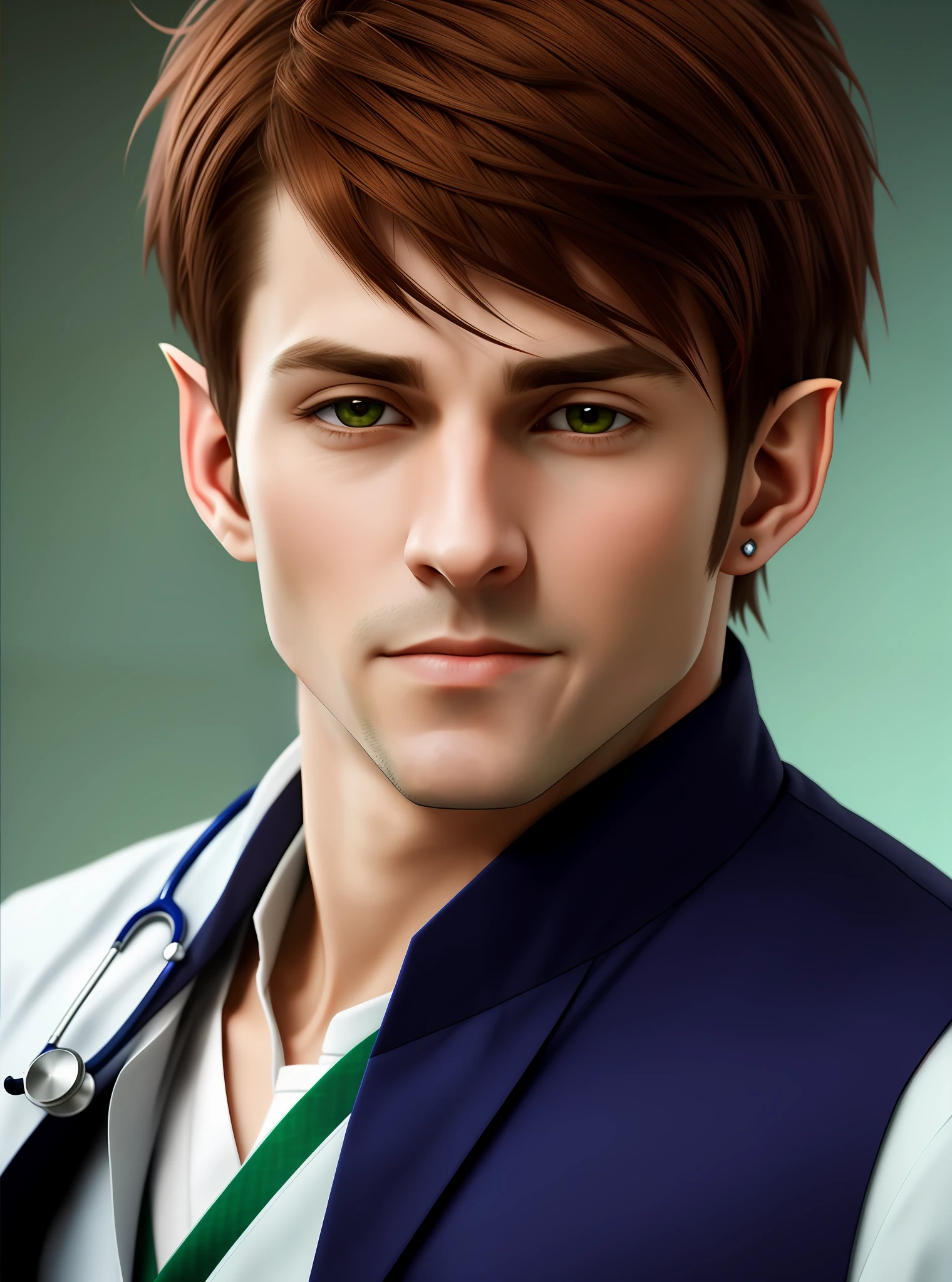 Portrait of a young man, middle-aged, doctor, pointy ears, fantasy, brown hair, portrait, elf ears, pointed ears, ears with a tip, pointed right ear like an elf's
