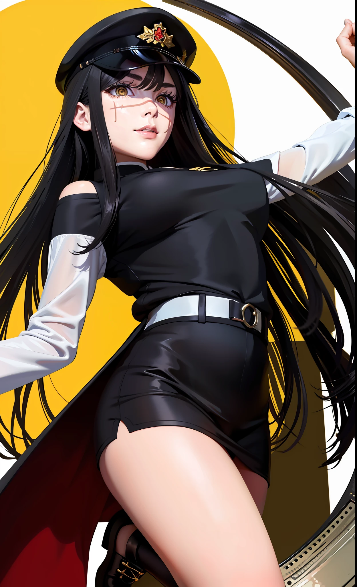 (masterpiece, best quality: 1.2), Solo, 1girl, Yoru \(Chainsaw Man\), excited look, yellow eyes, long hair, completely black hair, reference to clothing of a German WWII general, black long sleeves (best quality), scar on face, beautiful eyes, has only 2 arms, has war medals on his clothes, black military cap with a golden eagle,  (wallpaper), (8K HD), (8K HD), golden shoulder pads,