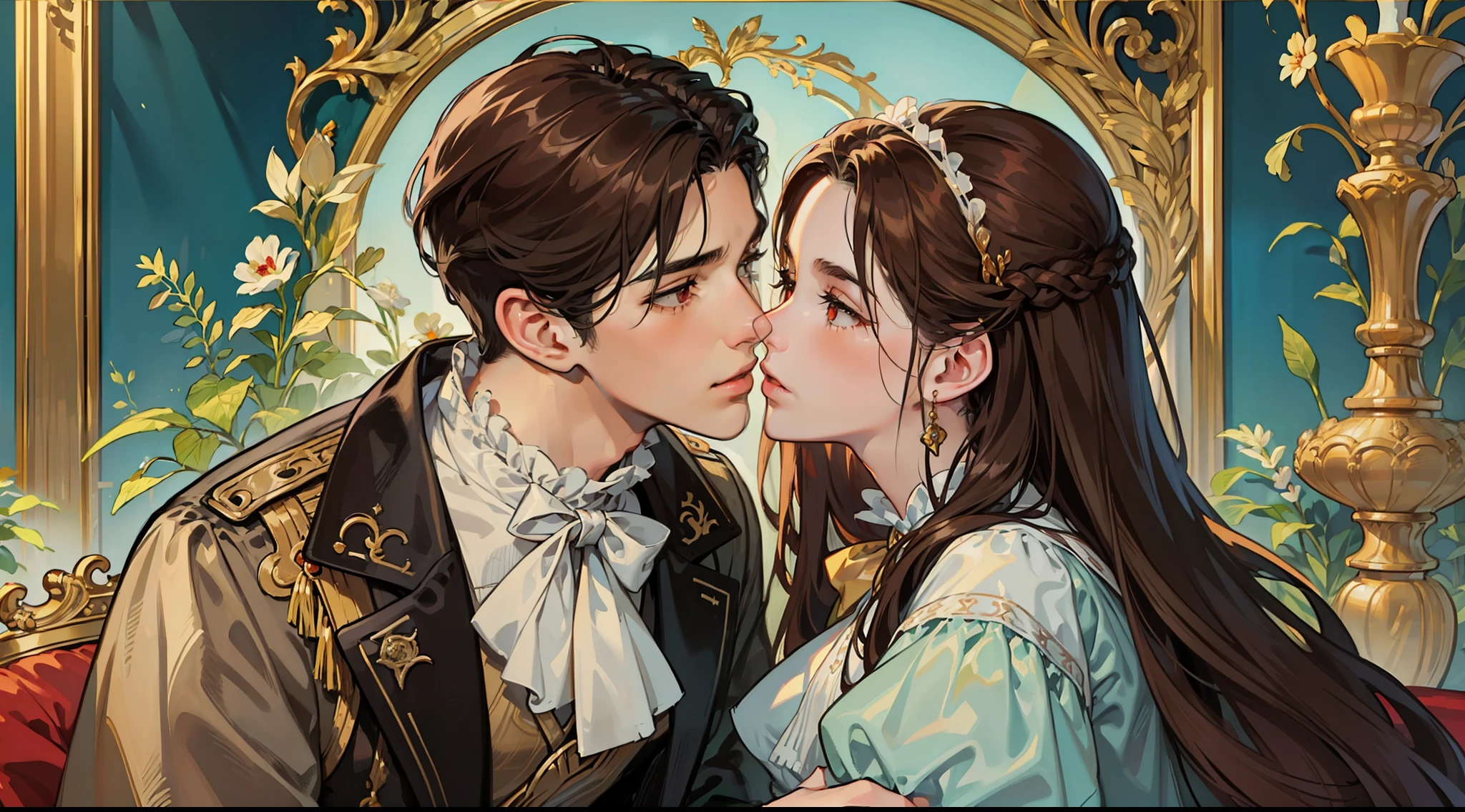 ((masterpieces)), best quality, outstanding illustration, a couple kissing, soft focus, 1 boy with long black hair, RED EYES, 1 girl with long brown hair, BROWN EYES, Victorian clothes, Victorian romanticism, opulent and exquisite atmosphere, soft light and warm lighting. (((SPECIFIC CHARACTERISTICS)))
