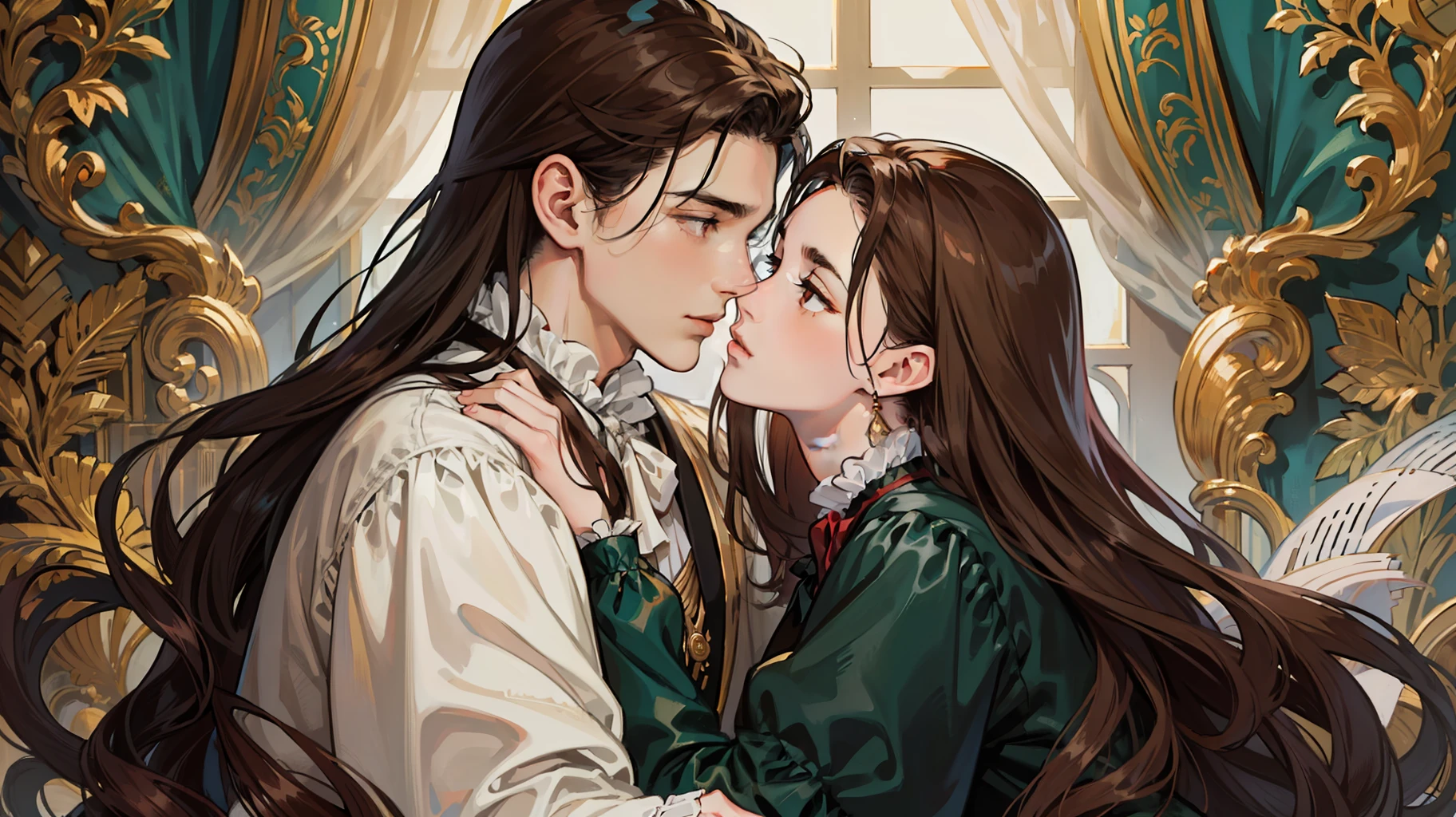 ((masterpieces)), best quality, outstanding illustration, a couple kissing, soft focus, 1 boy with long black hair, RED EYES, 1 girl with long brown hair, BROWN EYES, Victorian clothes, Victorian romanticism, opulent and exquisite atmosphere, soft light and warm lighting. (((SPECIFIC CHARACTERISTICS)))