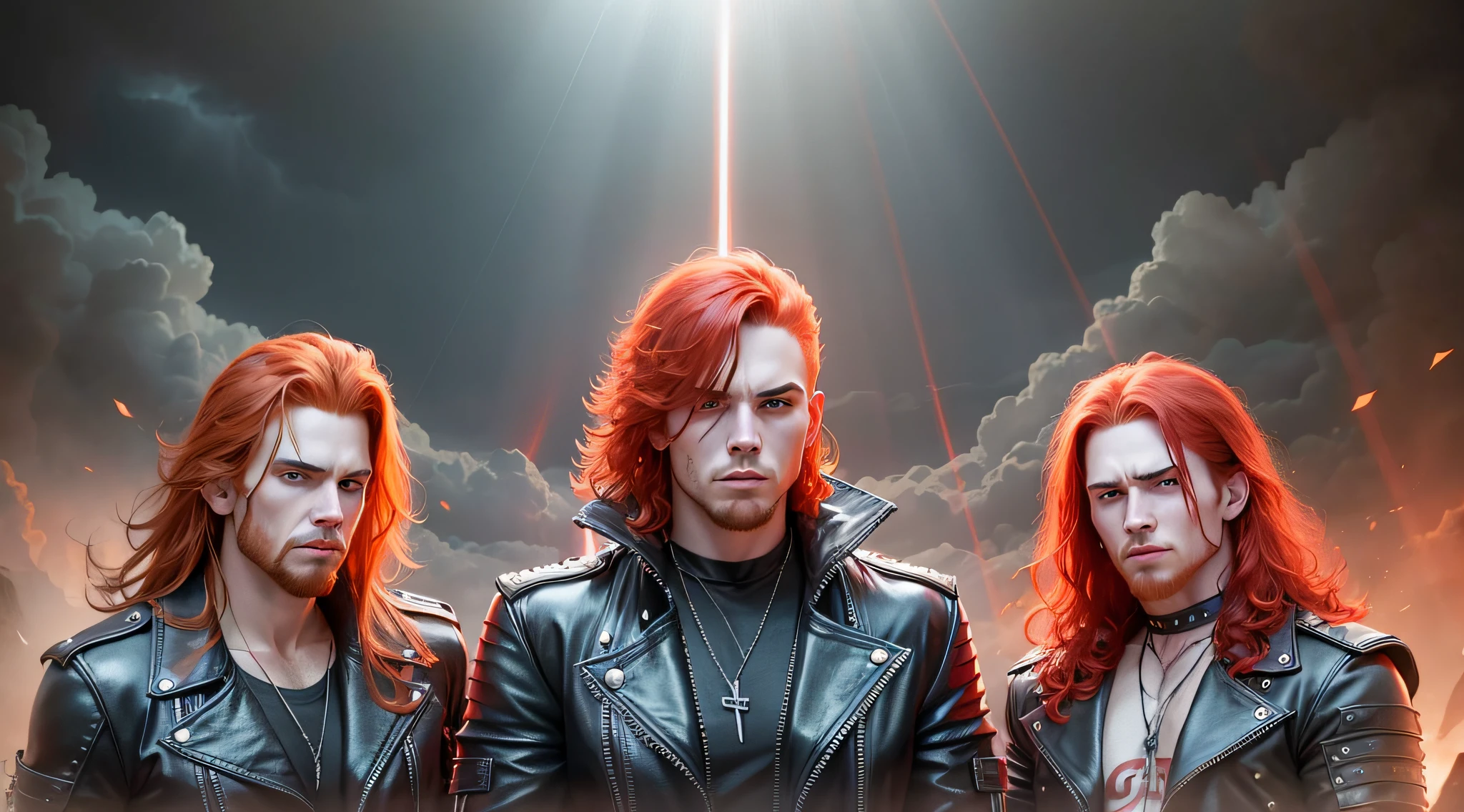 3 REDHEAD boys in standing leather clothes, portrait style, MANY STORM RAYS, BLOOD RED BACKGROUND, Heavy metal promo band, Thrash metal, Heavy Rock --auto --s2