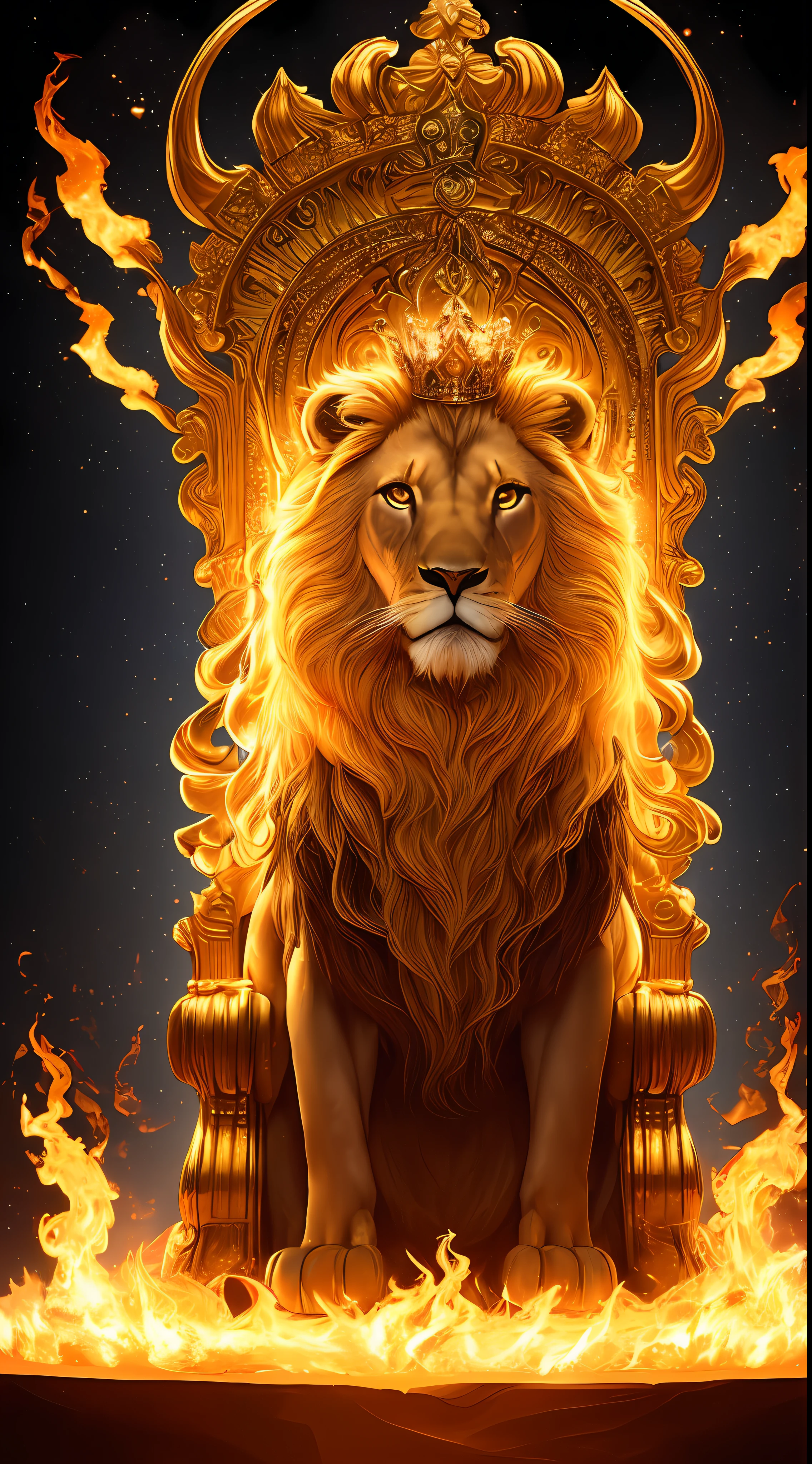 A royale King Lion full boby, galaxy background, magical 3D, full resolution RTX style with flaming eyes sitting on a throne, with a king's crown, captured through Photography with a 35 mm lens. Inspired by the art of National Geographic photographers, the scene depicts the majestic lion, majestic and powerful. The color temperature is warm, with golden tones enhancing the lion's grandeur. The lion's eyes burn with intense flames, emanating a sense of authority and dominance. The lighting casts dramatic shadows, creating a captivating, symmetrical, full body, big angle, rtx atmosphere