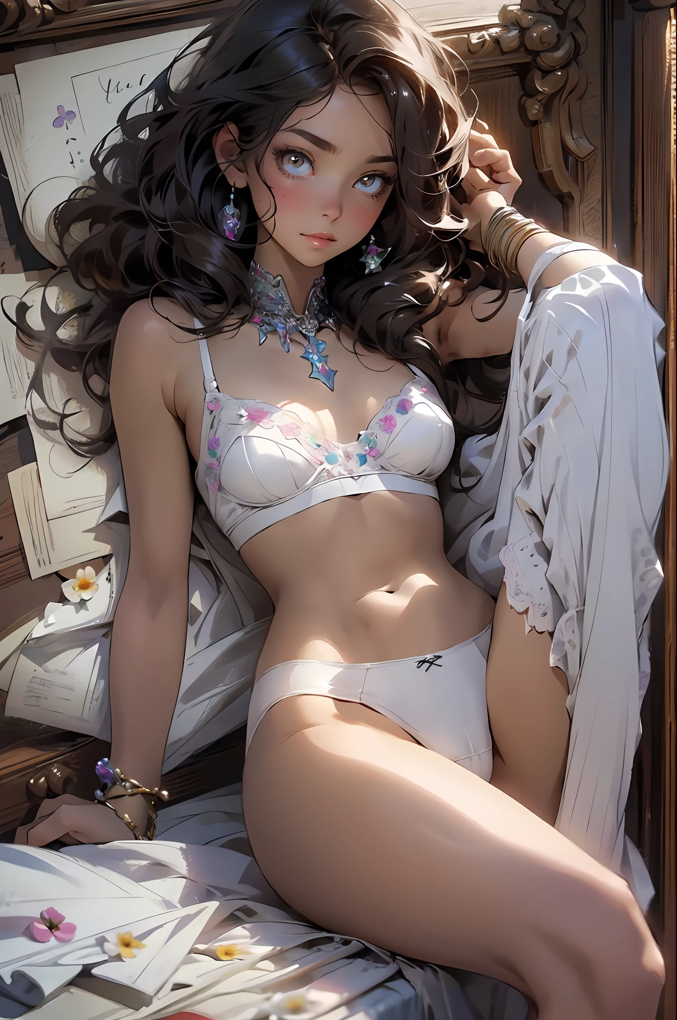 melancholy lighting, quiet, calm, brightness, masterpiece, best quality, 1girl, (JinxLol:1.2), (ultra photorealistic:1.3), (masterpiece:1.4), best quality, ((realistic)), high quality, ultra detailed, ((real image)), ((realistic skin)), ((realistic face)),(illustration:1.05), (beautiful:1.05), (beautiful detailed eyes:1.05), (cinematic light:1.1), full body, precise proportions, 18-year-old girl, skinny model lying next to the bed, hair fluttering in the wind, tulle, long legs, feet slightly open, buttocks, blush, shyness, collarbone, abdominals, double weave, beautiful and delicate face, fair skin, real skin, (face detail), pores, super high resolution, 8k, parameters Best quality, masterpiece, super high resolution, (Realistic 2.0), More details, detailed skin, white panties, straight brown hair, perfect and well designed eyes, girlfriend, beautiful, beautiful, flowers, studio lighting