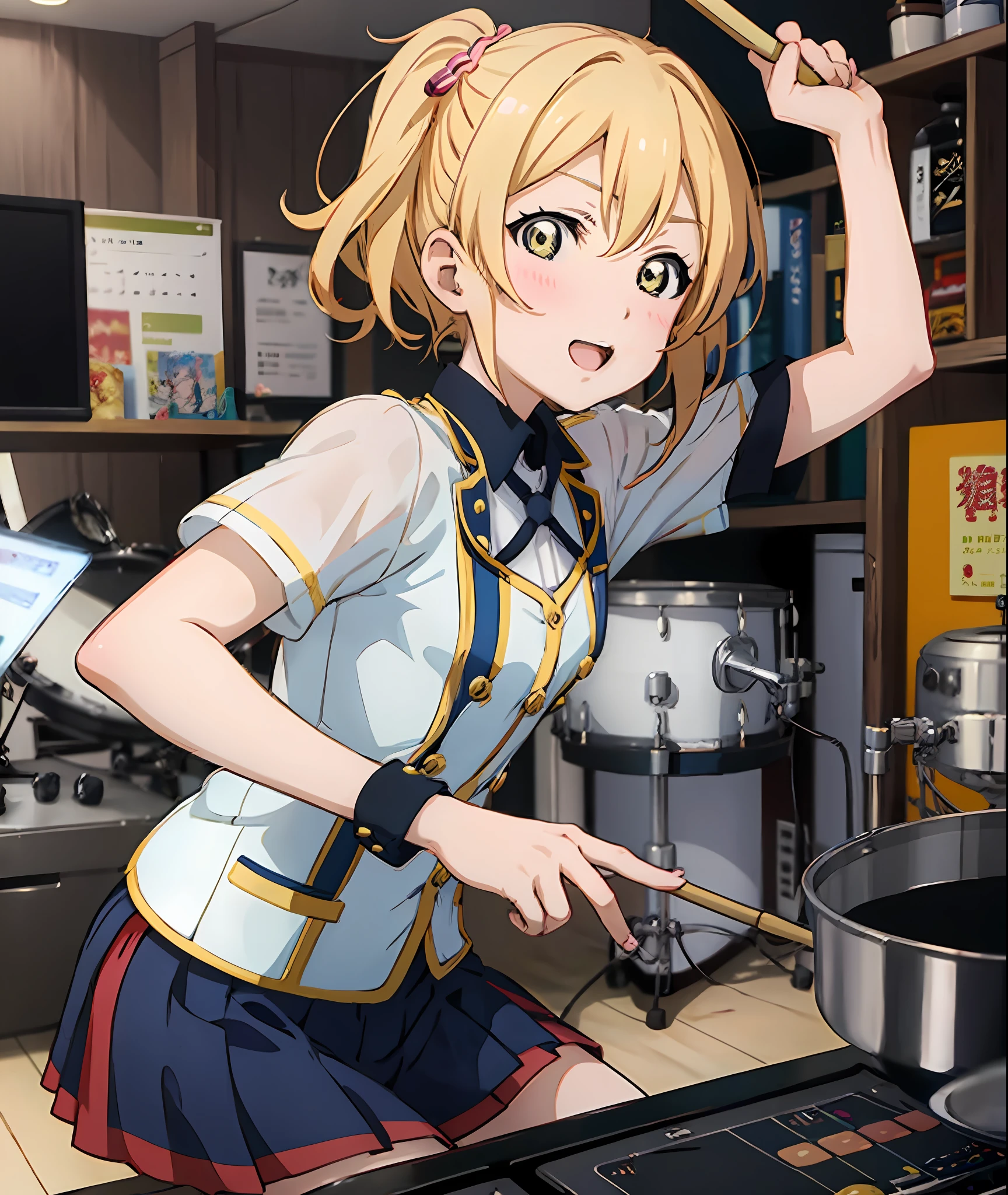 Anime Girl with blonde hair playing drums in a room, Best Girl anime, Visual Anime of a cute girl, like an anime character, she has a beautiful expressive face, Today's Anime featured still, Kinmoza!, Young Anime Girl