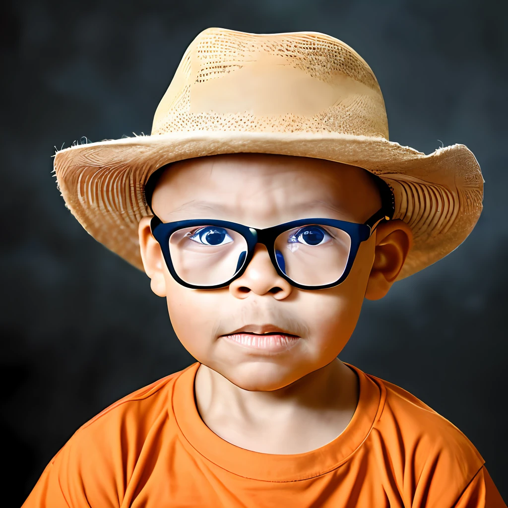 guttonerdvision4, portrait of a 3-year-old boy with a firm face, wearing old straw hat, realistic image, intricate details