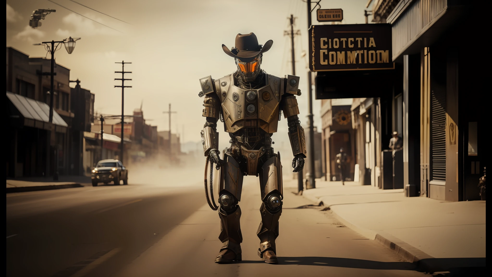 there's a steampunk robot in a suit and cowboy hat walking down the street, mechanical armor, cinematic style photography, cyborg necromancer, cinematic still from westworld, # mecha, midday, symmetrical armor, wild west city, anthropomorphic _ humanoid, duel , as titan, alan jackson, calamity