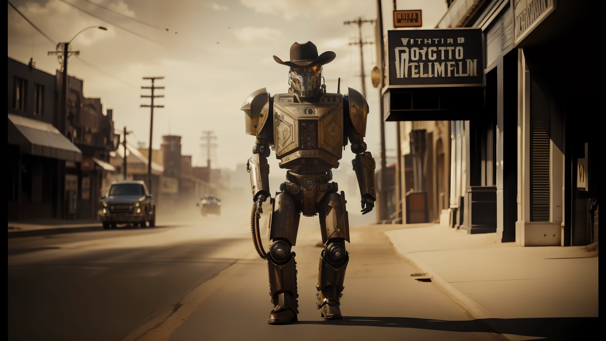 there's a steampunk robot in a suit and cowboy hat walking down the street, mechanical armor, cinematic style photography, cyborg necromancer, cinematic still from westworld, # mecha, midday, symmetrical armor, wild west city, anthropomorphic _ humanoid, duel , as titan, alan jackson, calamity