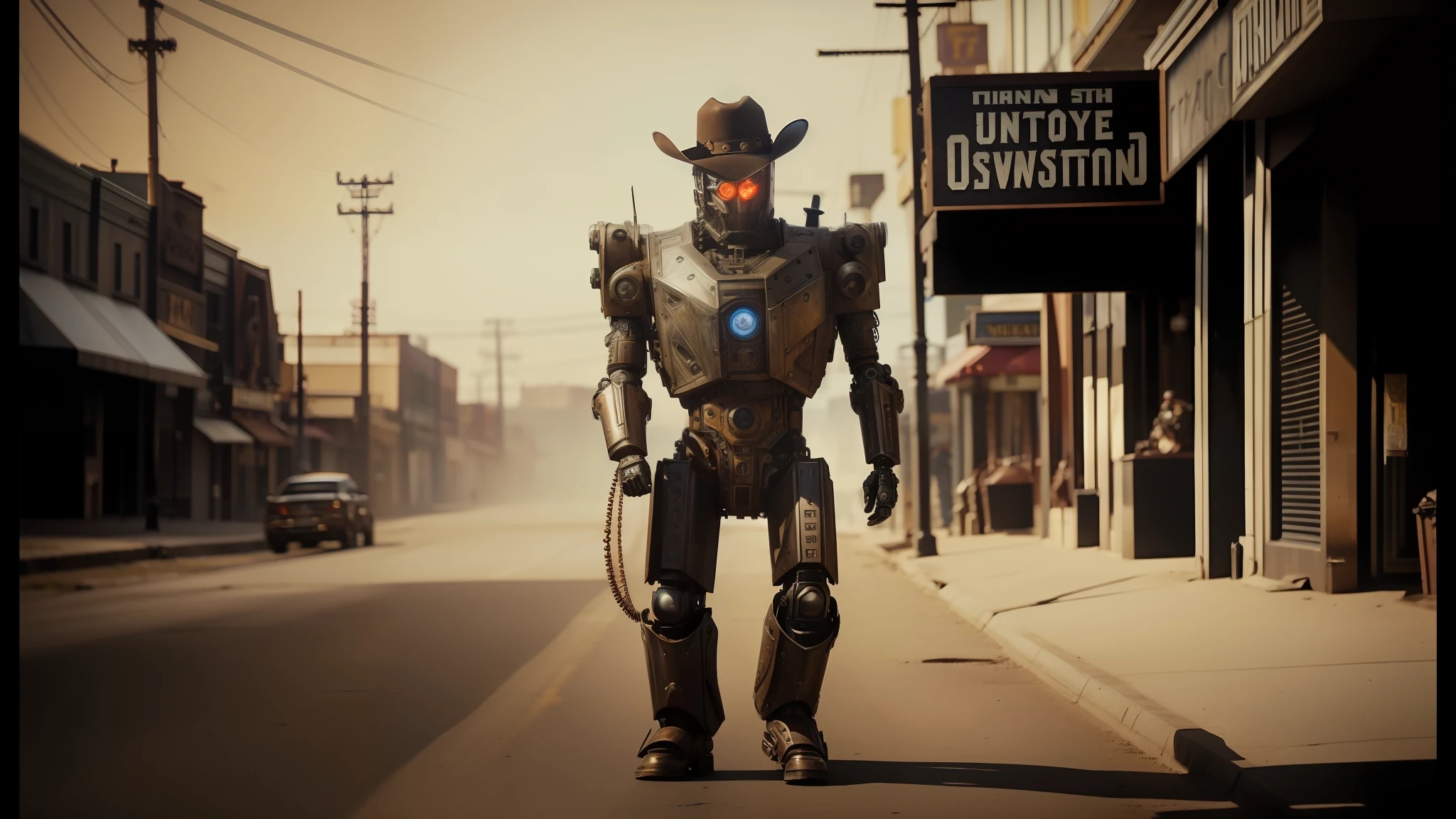 there's a steampunk robot in a suit and cowboy hat walking down the street, mechanical armor, cinematic style photography, cyborg necromancer, cinematic still from westworld, # mecha, midday, symmetrical armor, wild west city, anthropomorphic _ humanoid, duel , as titan, alan jackson, calamity