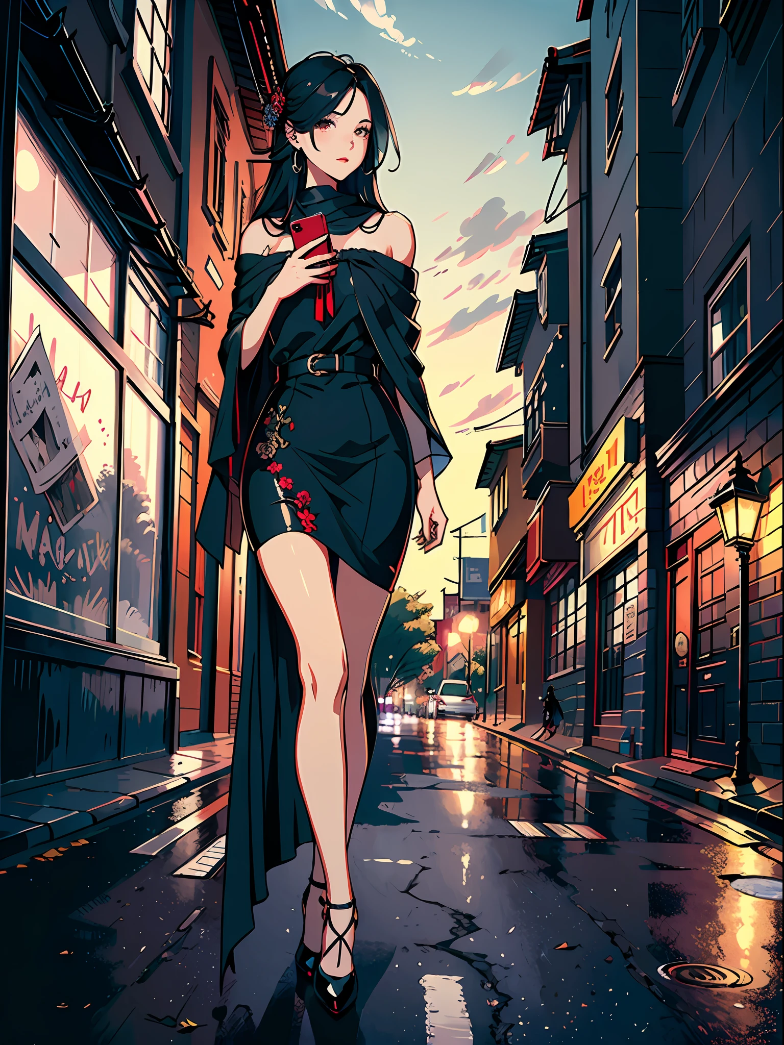 ((Masterpiece)),((Best Quality))),((Ultra Detail)),((Illustration)),A mature girl. Long black shawl hair, hip-wrapped skirt, high heels, on the street in the evening, mobile phone holding mobile phone