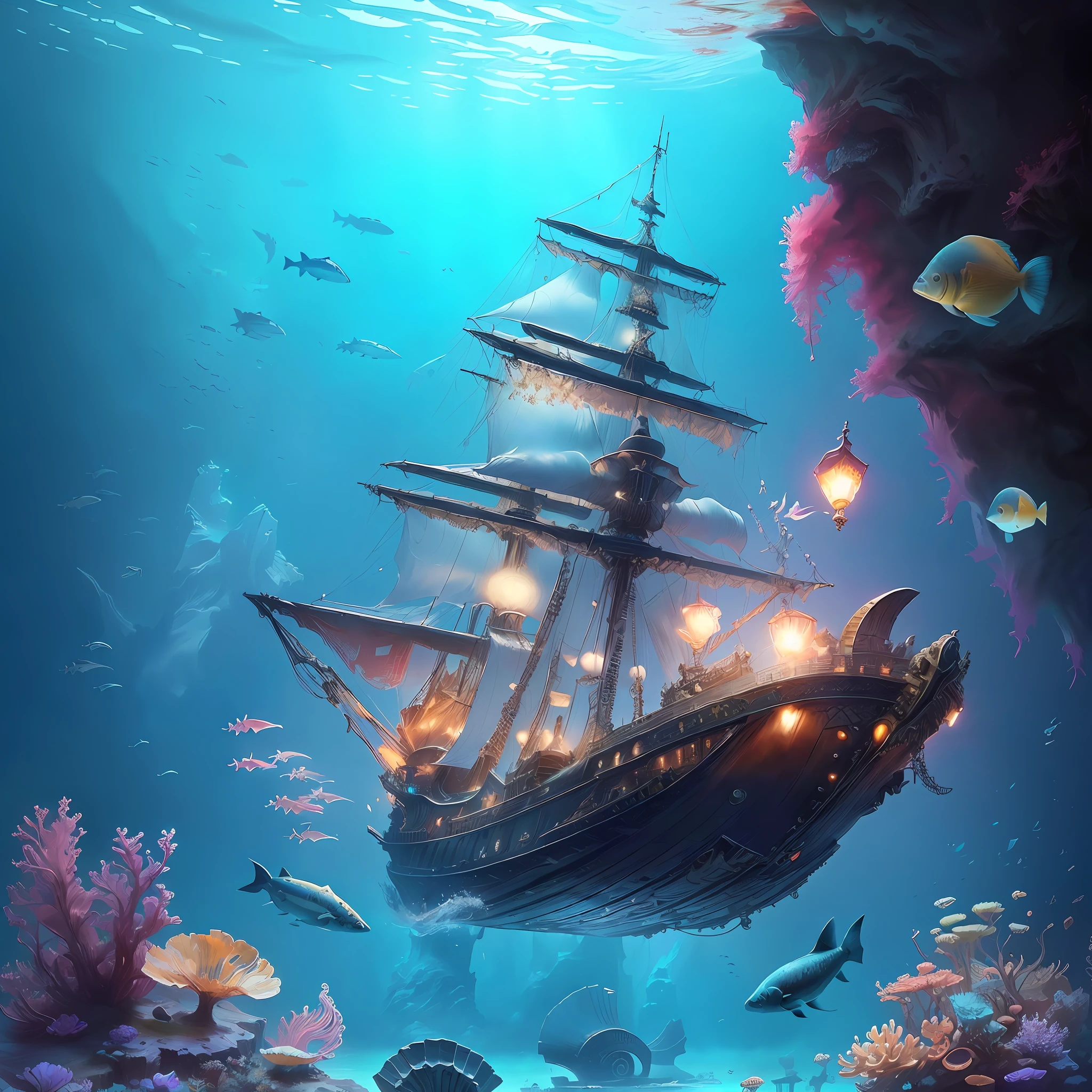 there is a ship that is floating in the ocean with many fish, fantasy sea landscape, amazing depth, incredible depth, gothic ship on ocean, 4k highly detailed digital art, sunken ship, undersea, amazing wallpaper, a beautiful artwork illustration, realistic fantasy illustration, old pirate ship, in style of cyril rolando, ships with sails underneath