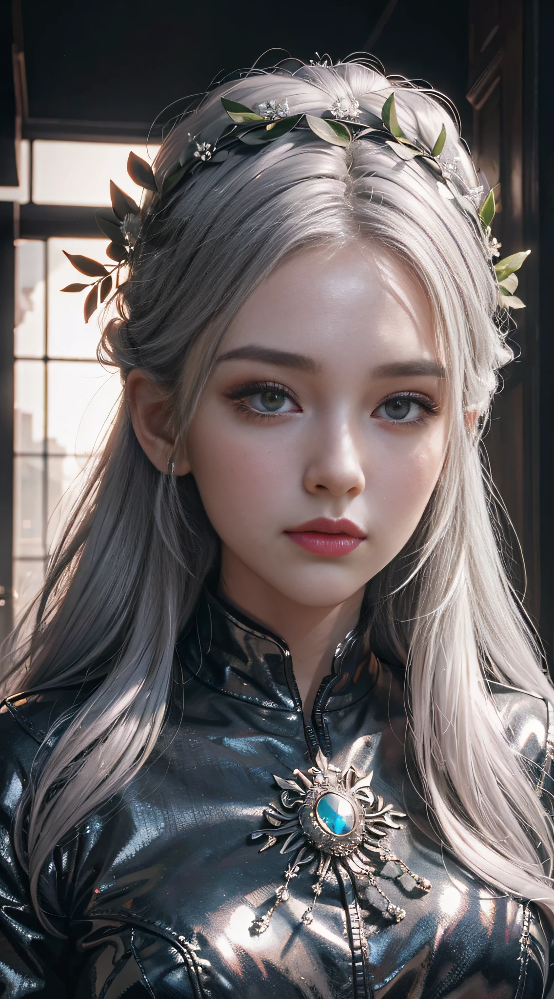 A woman, silver hair, head wreath, kubrick stare, cinematic lighting, god rays, reflection light, close-up, pov, 35mm, masterpiece, super detail, textured skin, 8k