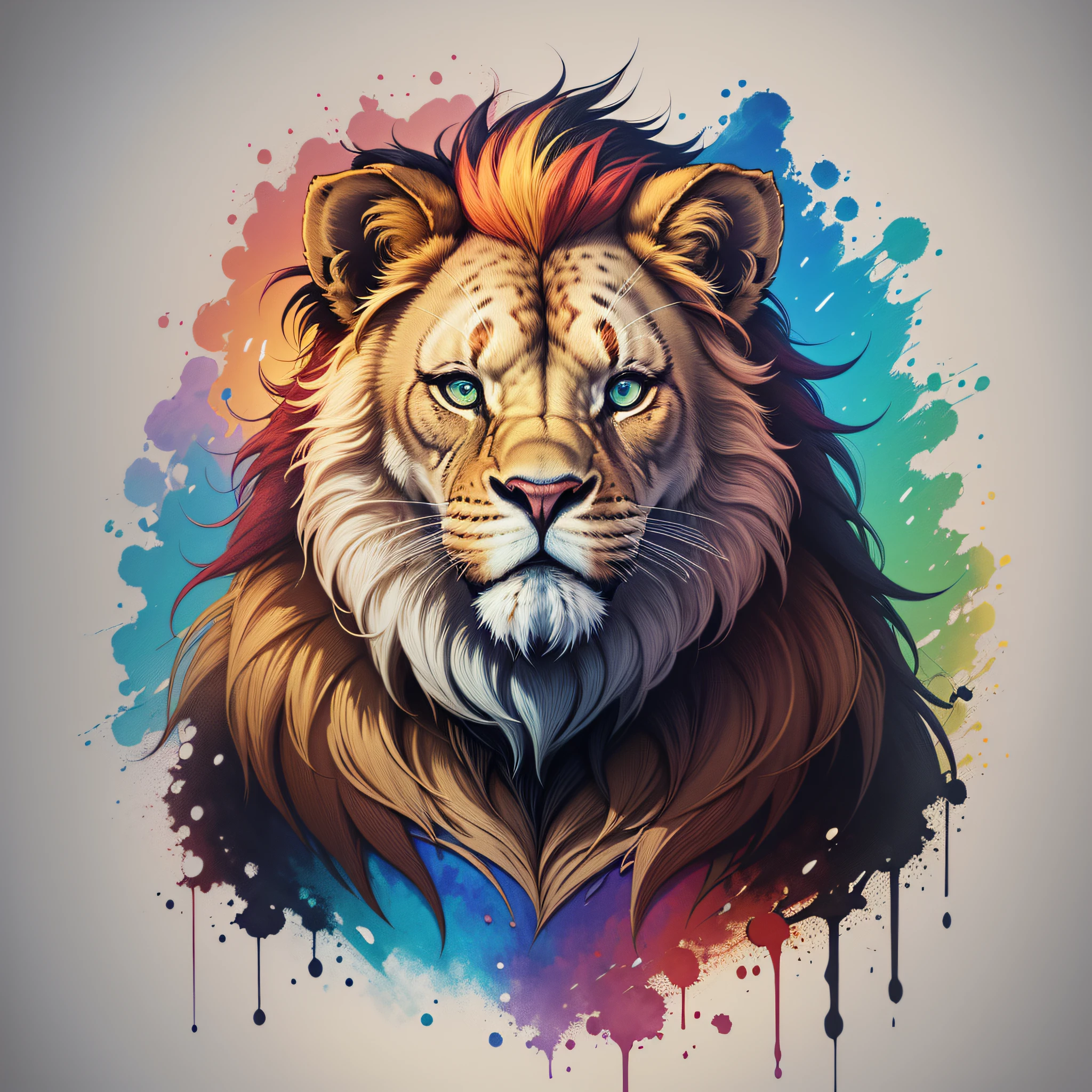 a colorful lion, color printing, multicolored tshirt art, color ink, high detail colors, half lion, shirt art, lion head, painted in high resolution, a t-shirt. blender art, silk screen t-shirt design 4k, tshirt design, silkscreen t-shirt art, by Android Jones, fire lion --auto --s2