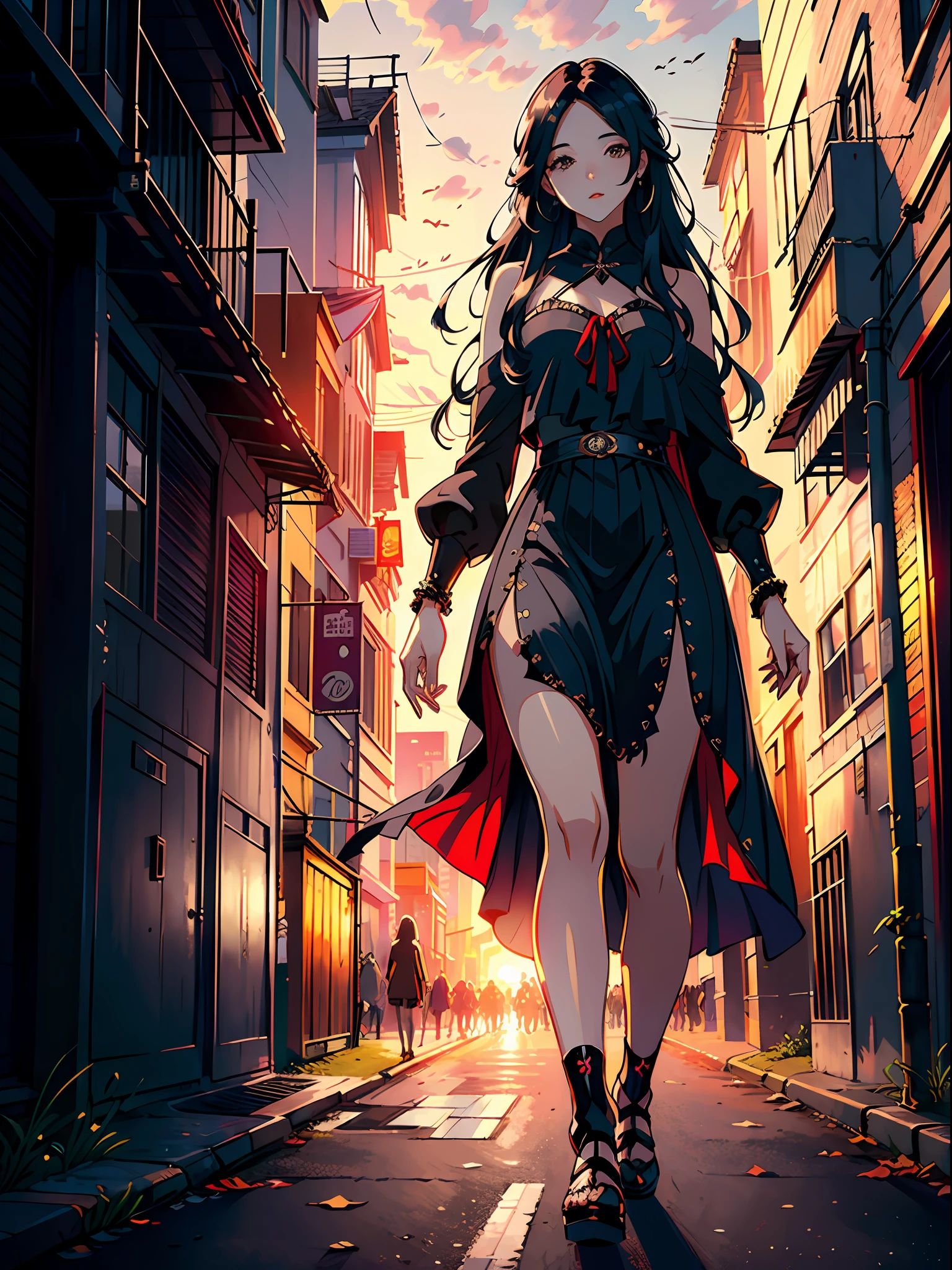 ((Masterpiece)),((Best Quality))),((Ultra Detail)),((Illustration)),A mature girl. Black shawl long hair, hip skirt, on the street in the evening, sunset