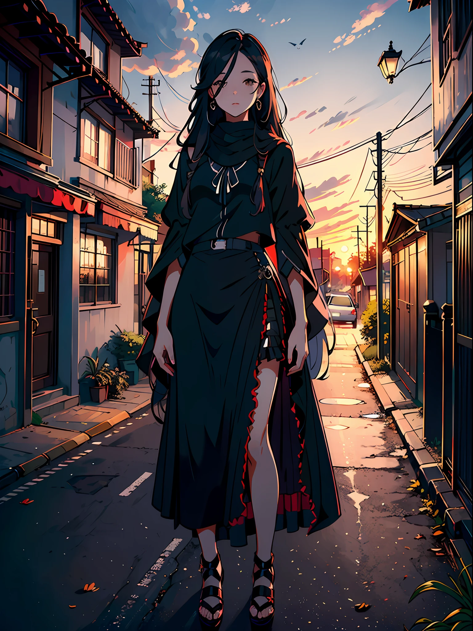 ((Masterpiece)),((Best Quality))),((Ultra Detail)),((Illustration)),A mature girl. Black shawl long hair, hip skirt, on the street in the evening, sunset