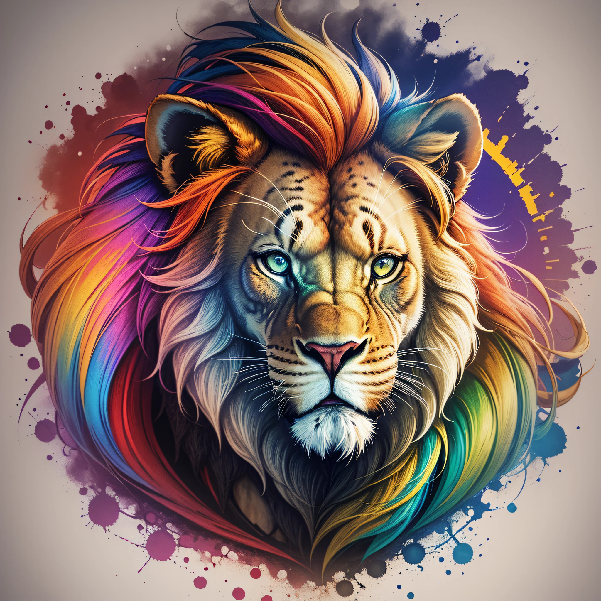 a colorful lion, color printing, multicolored tshirt art, color ink, high detail colors, half lion, shirt art, lion head, painted in high resolution, a t-shirt. blender art, silk screen t-shirt design 4k, tshirt design, silkscreen t-shirt art, by Android Jones, fire lion --auto --s2