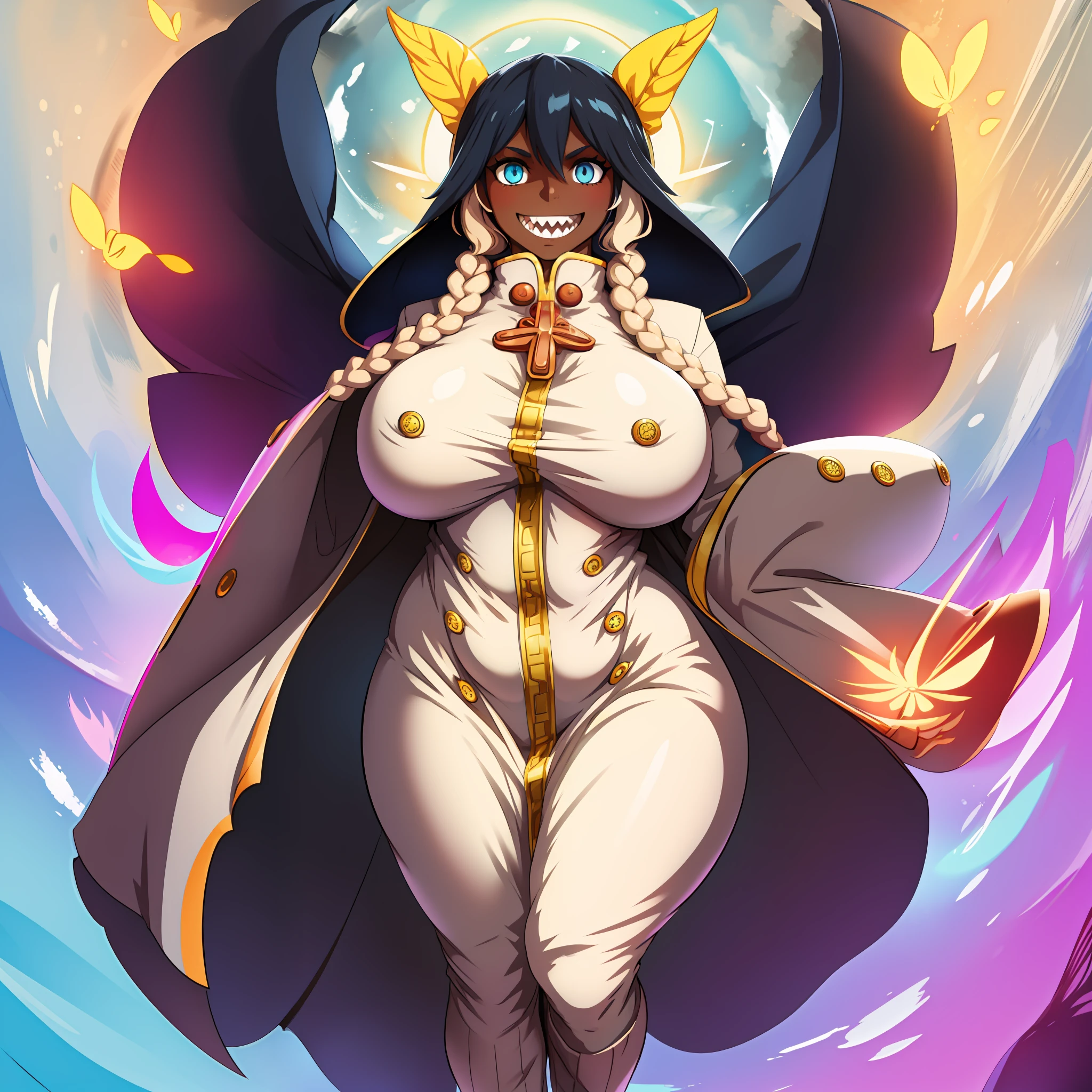 ,huge chest, curved, female,fantasyHere is a cartoon picture of a woman with a very large chest, , vest, pants, black hair, sacred aura, inspired by Red Luma, the non-binary deity of spring, ethereal rainbow nimbus, the butterfly goddess of fire, inspired by Marie Angel, will have shining around her, like the sun goddess, "uwu the prismatic person,  big breast, happy, beautiful eyes, , full body, walking, long dress, long dre, nun, priestess, saint, body of venus, bent, huge chest, forest, walking, smile, sharp teeth, black coats, coat, dark skinned, twinbraids, blond hair