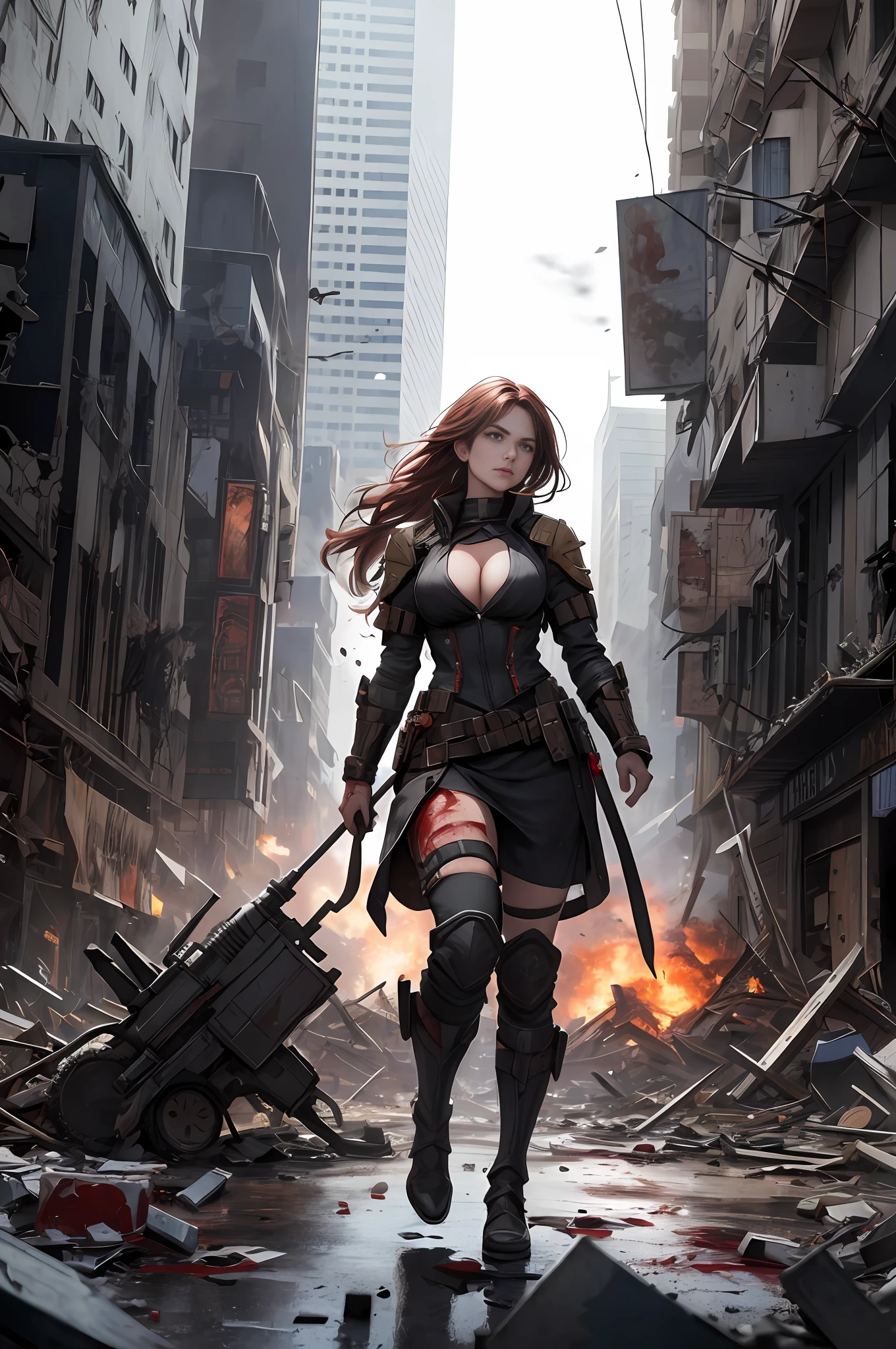 An epic war scene, with a woman standing amidst the chaos, holding her ground in the face of destruction. Explosions surround her, buildings in ruins, blood staining the rubble. Despite the violence and mayhem, the woman remains determined, ready to stand up to any challenge.