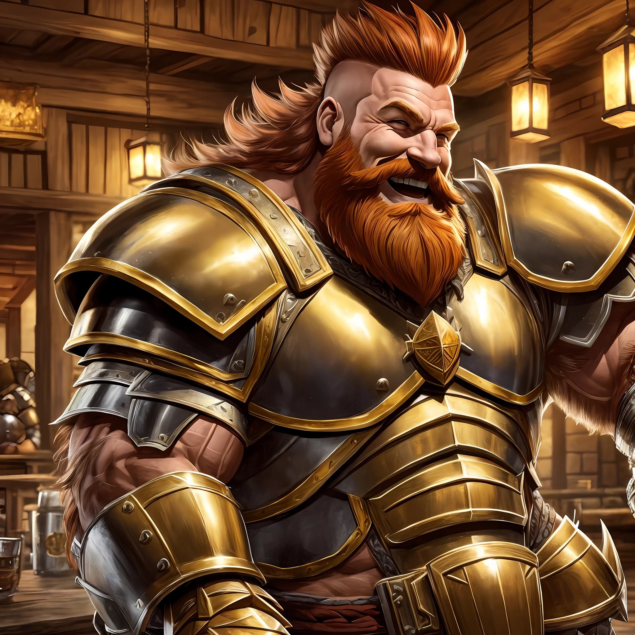 Muscular, Swole, FAT, Knight, Dwarf, Red Beard, Mohawk Hair, Golden Armor Armor, Smiling, Drinking in a Tavern, Best Quality, Full HD,