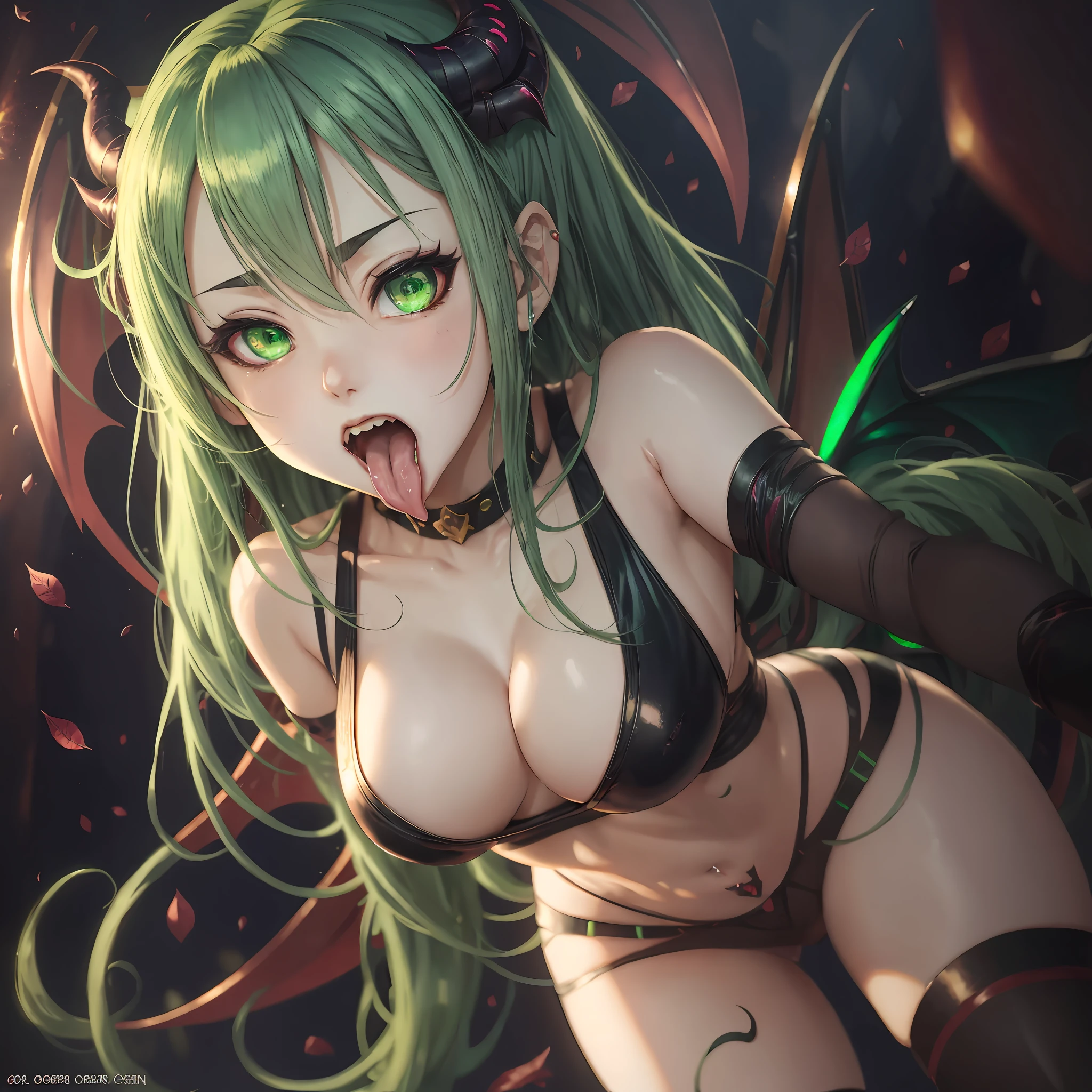 anime, 8k, succubus, open mouth, tongue out, long tongue,, thigh, green hair, green eyes --auto --s2