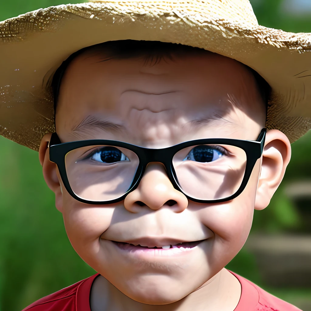 guttonerdvision4, portrait of a 3-year-old boy with realistic skin and firm face, wearing old shredded straw hat, realistic image, intricate details