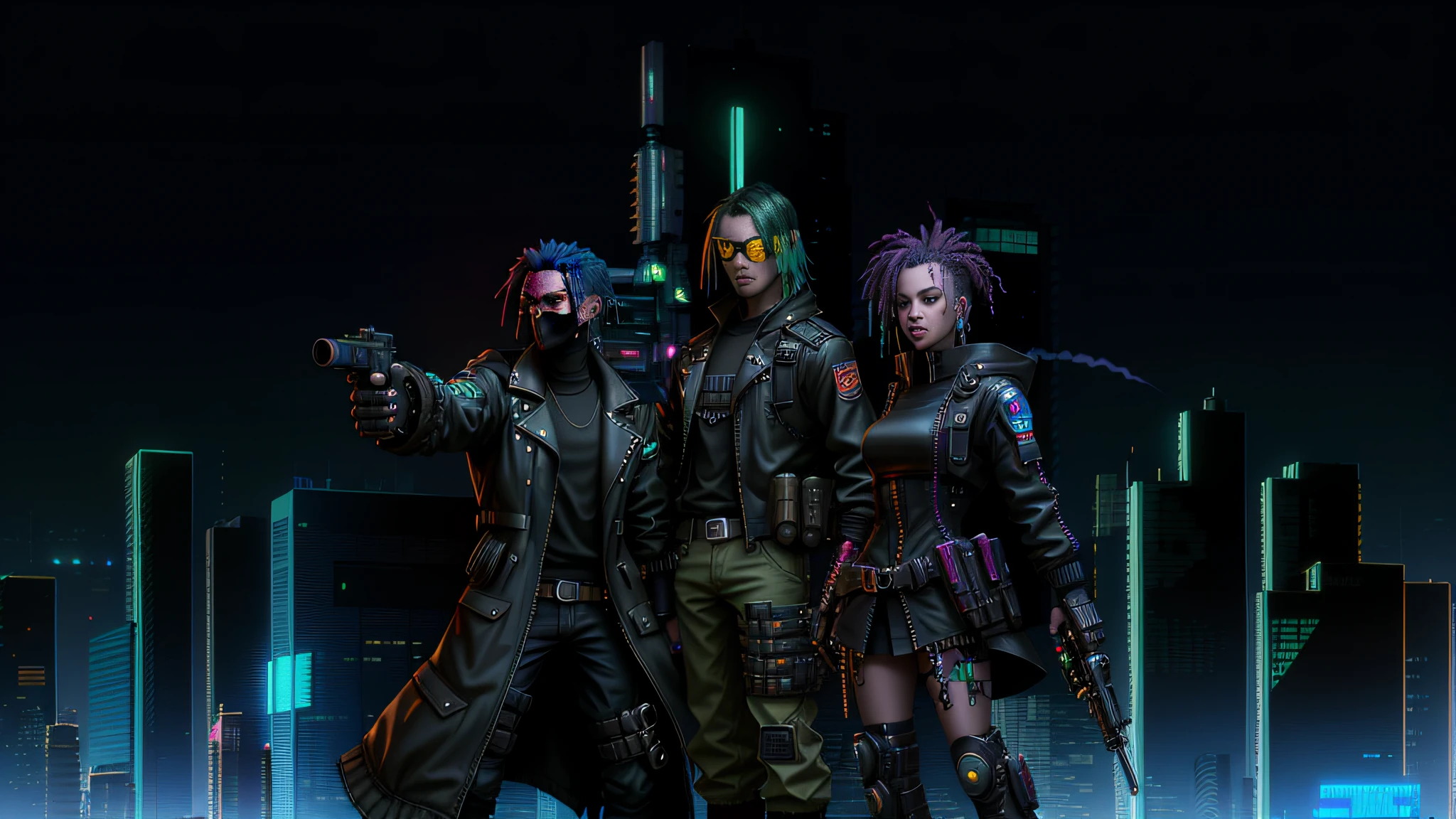 cyberpunk characters in front of a city at night, cyberpunk clothing, cyberpunk colors, cyberpunk vibrant colors, highly detailed cyberpunk, muted cyberpunk style, cyberpunk character art, hyper-realistic cyberpunk style, cyberpunk noir, cyberpunk shading, cyberpunk with neon lighting, cyberpunk vibe, 80s style, robocop style, robo character, 80s cyberpunk, robotic character,