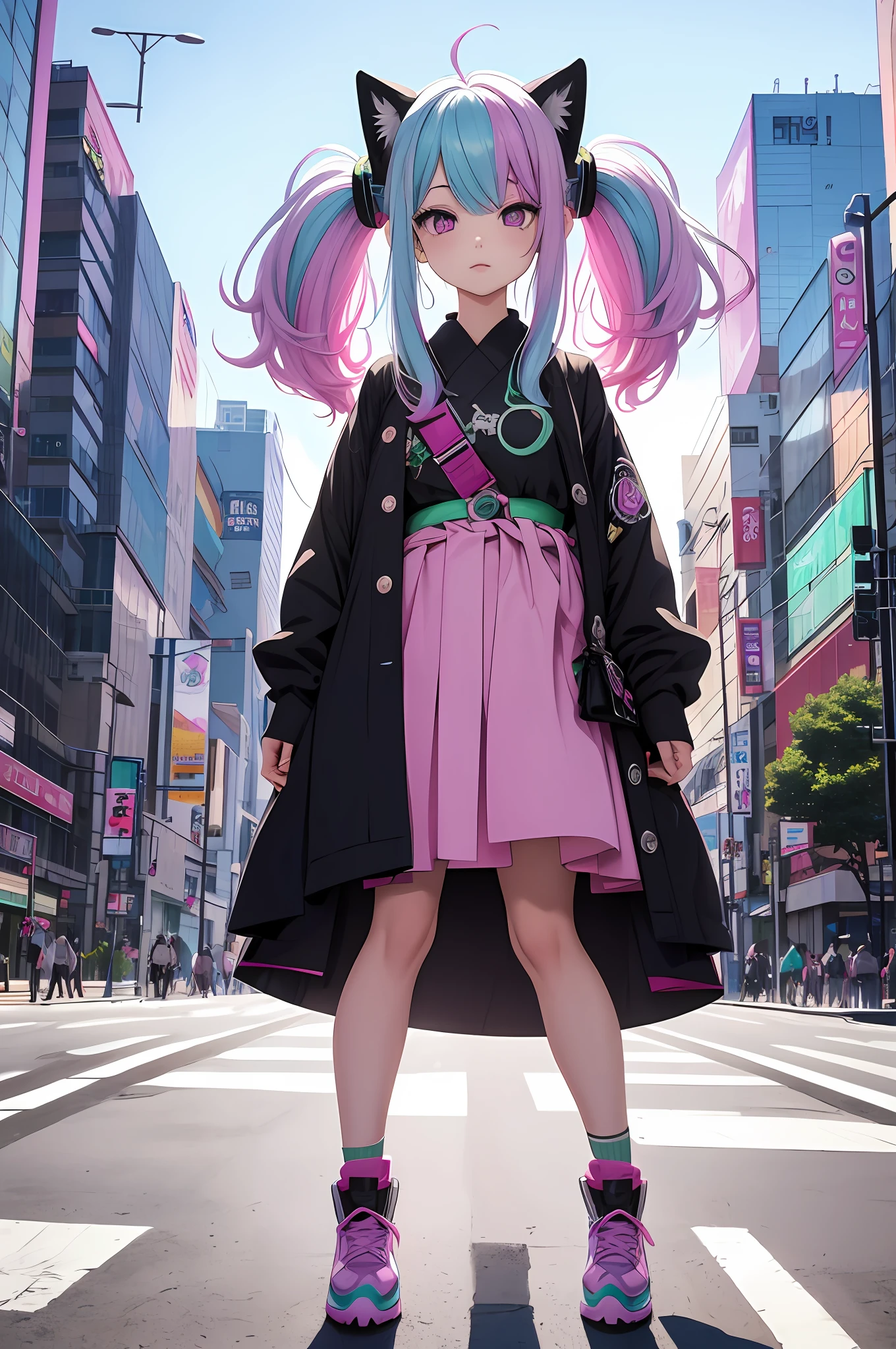 black hair, White hair , Pink hair , Green hair , Purple hair, Blue hair, Surrealism, Anime, 8k, super detail, Ultra details , Best lighting , whole body , standing in the middle of the city , Tokyo city