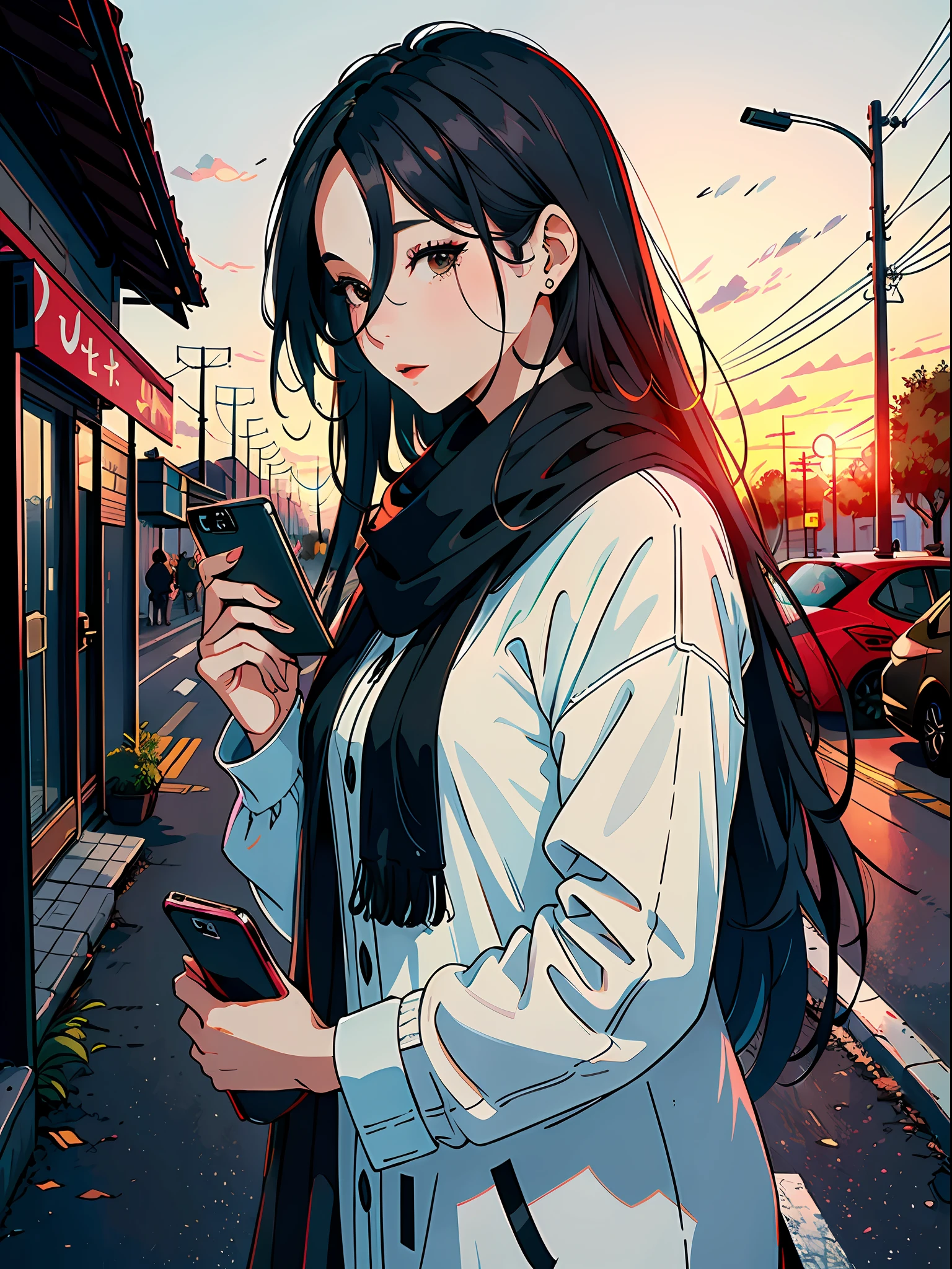 ((Masterpiece)),((Best Quality))),((Ultra Detail)),((Illustration)),A mature girl. Black shawl long hair, on the street in the evening, cell phone holding mobile phone, sunset