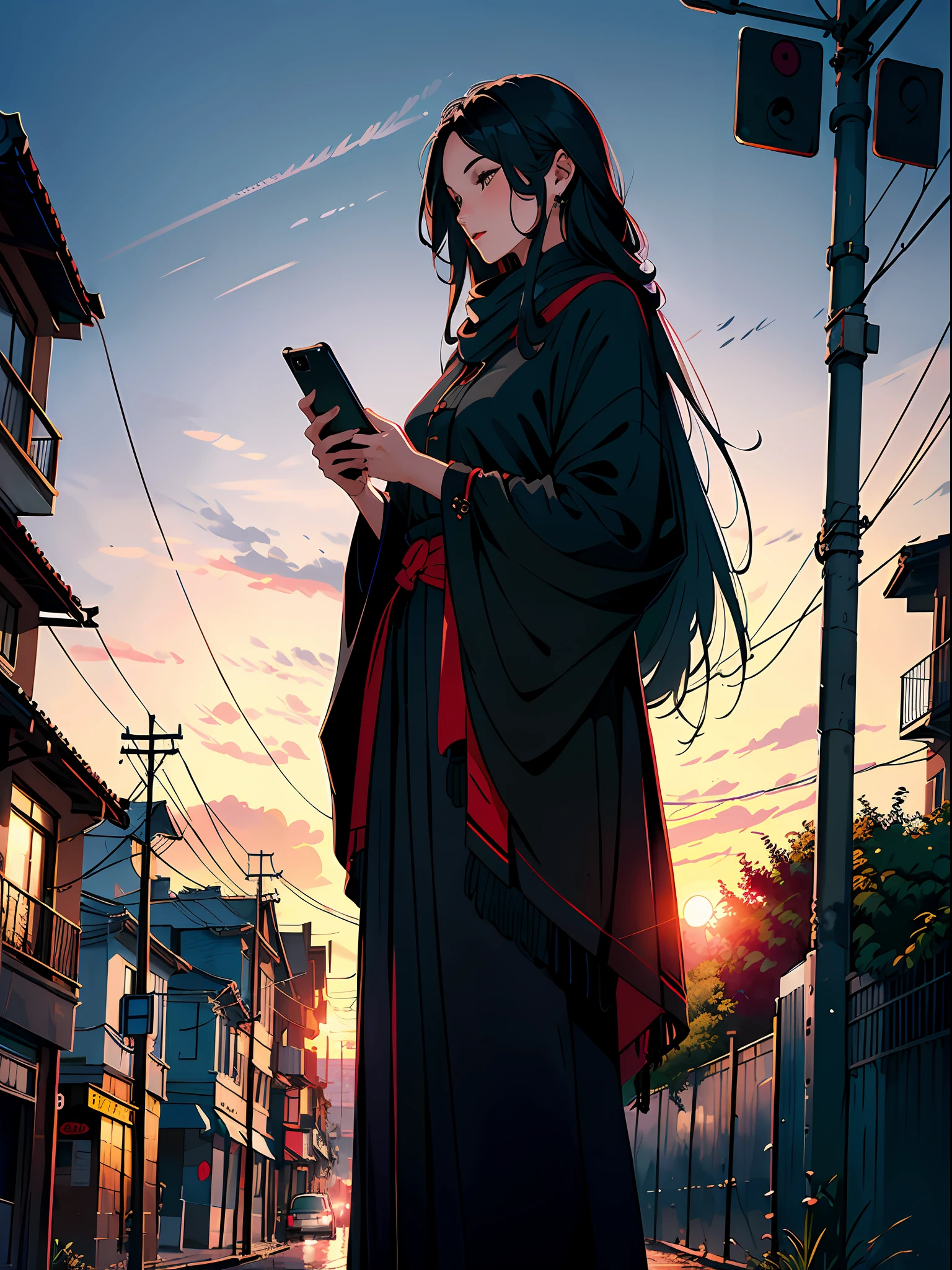 ((Masterpiece)),((Best Quality))),((Ultra Detail)),((Illustration)),A mature girl. Black shawl long hair, on the street in the evening, cell phone holding mobile phone, sunset