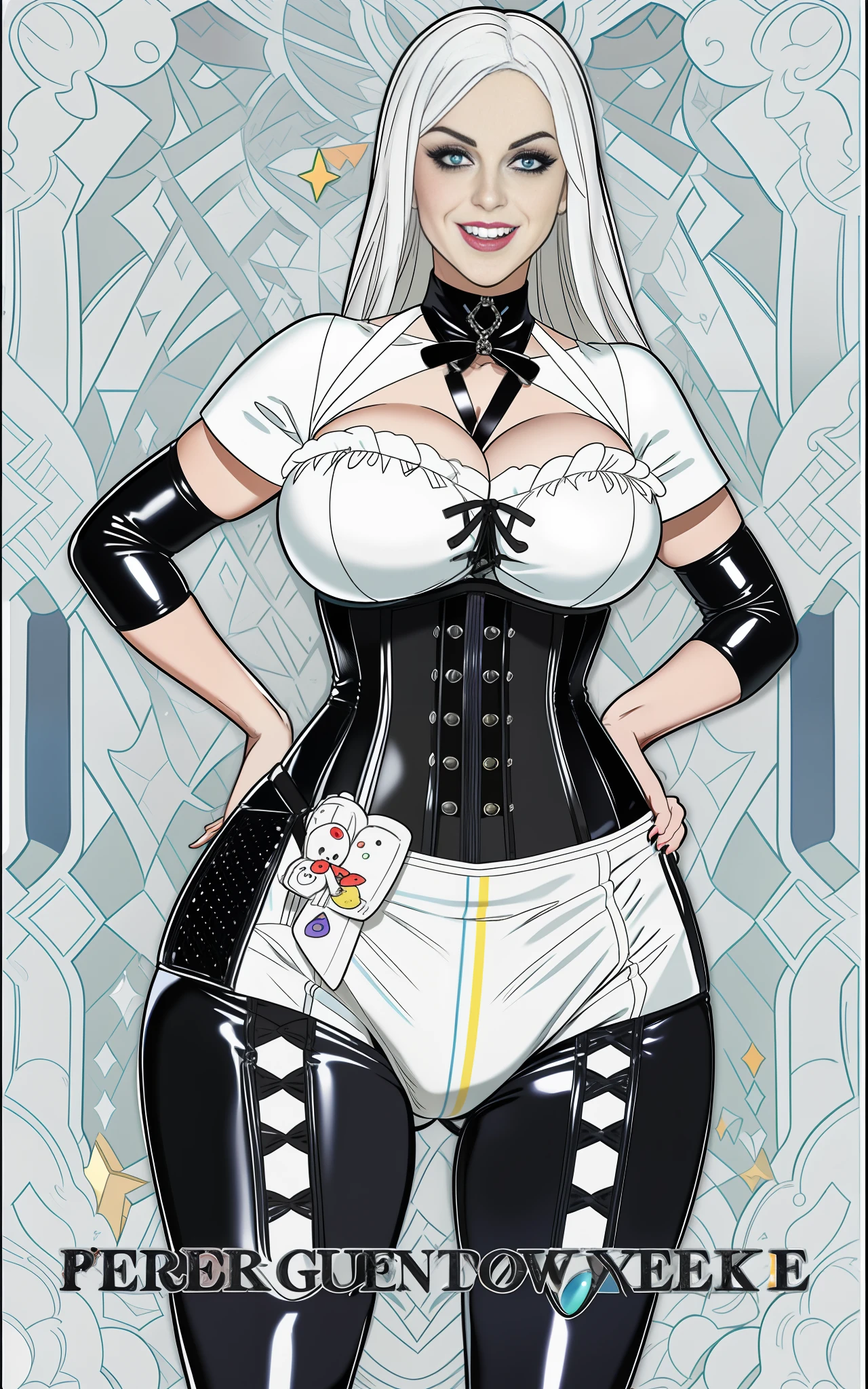 Sexy busty woman wearing (big diaper) magical, colorful, detailed, surprised, happpy, huge inflated breasts, wide hips, seductive, ((mommydom)), bokeh, (latex), cleavage, fishnets, goth, ahego, beautiful eyes, smirking, white teeth, corset