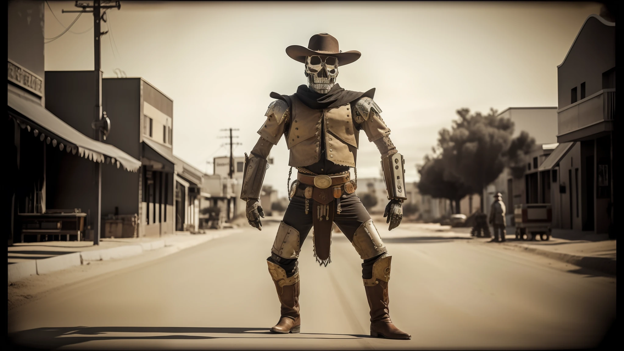 there is a man in a cowboy outfit standing in the middle of a street, endoskeleton, necromancy, full body photography, high detail iconic character, inspired by Richard Anuszkiewicz, costume, desert, animatronic, featured on artstattion, the doomslayer