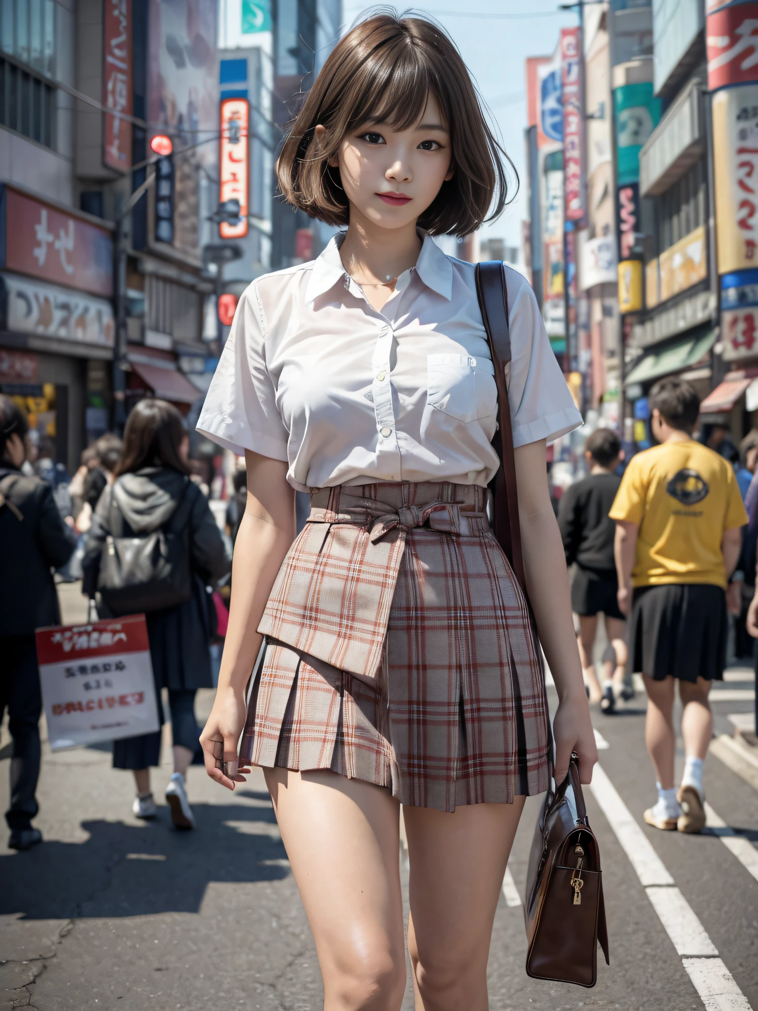 Ultra top quality, masterpiece, ultra high resolution, (photorealistic: 1.4), highly detailed CG Unity 8k wallpaper, detailed and complex, incredibly absurd, original, high resolution, raw photo, (perfect figure), fine and complex, DSLR, soft lighting, high quality, film grain, depth of field, Leica camera, 50mm lens, backlight, HDR, Hyperrealistic, Color Grade, Dynamic Pose, Portrait, Japan Person, Smile, Lips, Bangs, (Crowded Akihabara: 1.2), Short Hair, Front View Viewer, Natural Light, Girl, 19 Years Old, Full Body, Solo, Student, High School, Uniform, Bobby Socks, Pleated Skirt, Daytime, Street, Deep Shadow, Cute, Beauty, Unobtrusive, Cold Light 12000K\Street, Shop State, Akihabara, Shinjuku, Shibuya, Ikebukuro, detailed realism, skin texture, super detailed, realistic skin texture, (dramatic, award-winning photos, incredible masterpieces: 1.3)