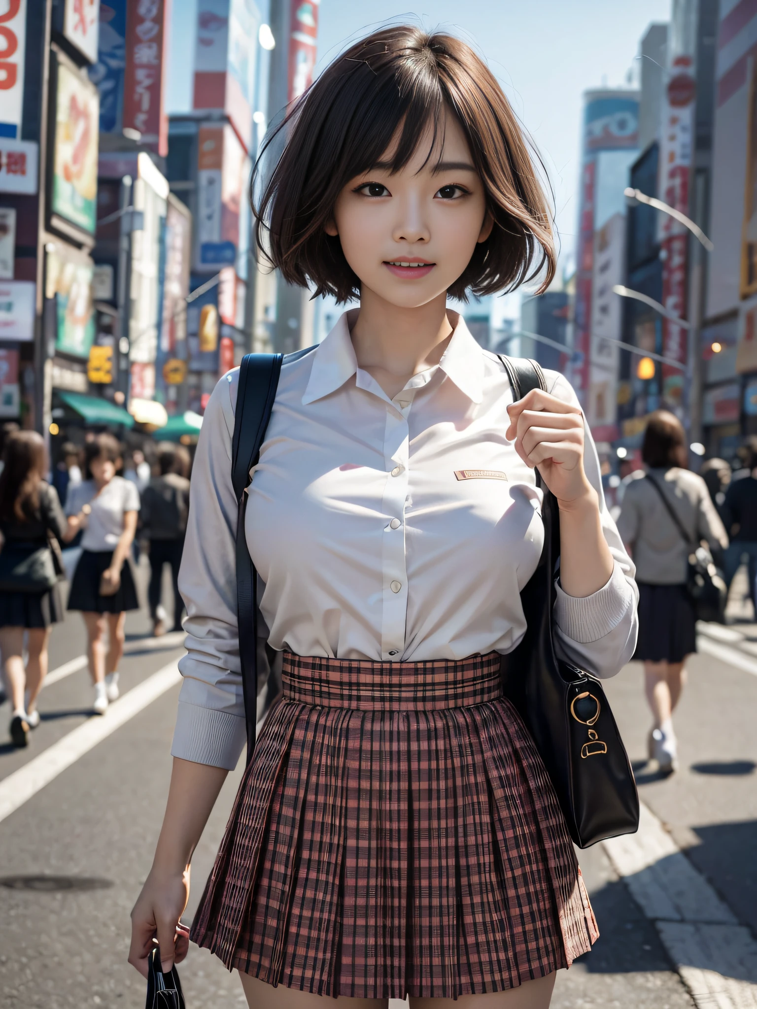 Ultra top quality, masterpiece, ultra high resolution, (photorealistic: 1.4), highly detailed CG Unity 8k wallpaper, detailed and complex, incredibly absurd, original, high resolution, raw photo, (perfect figure), fine and complex, DSLR, soft lighting, high quality, film grain, depth of field, Leica camera, 50mm lens, backlight, HDR, Hyperrealistic, Color Grade, Dynamic Pose, Portrait, Japan Person, Smile, Lips, Bangs, (Crowded Akihabara: 1.2), Short Hair, Front View Viewer, Natural Light, Girl, 19 Years Old, Full Body, Solo, Student, High School, Uniform, Bobby Socks, Pleated Skirt, Daytime, Street, Deep Shadow, Cute, Beauty, Unobtrusive, Cold Light 12000K\Street, Shop State, Akihabara, Shinjuku, Shibuya, Ikebukuro, detailed realism, skin texture, super detailed, realistic skin texture, (dramatic, award-winning photos, incredible masterpieces: 1.3)