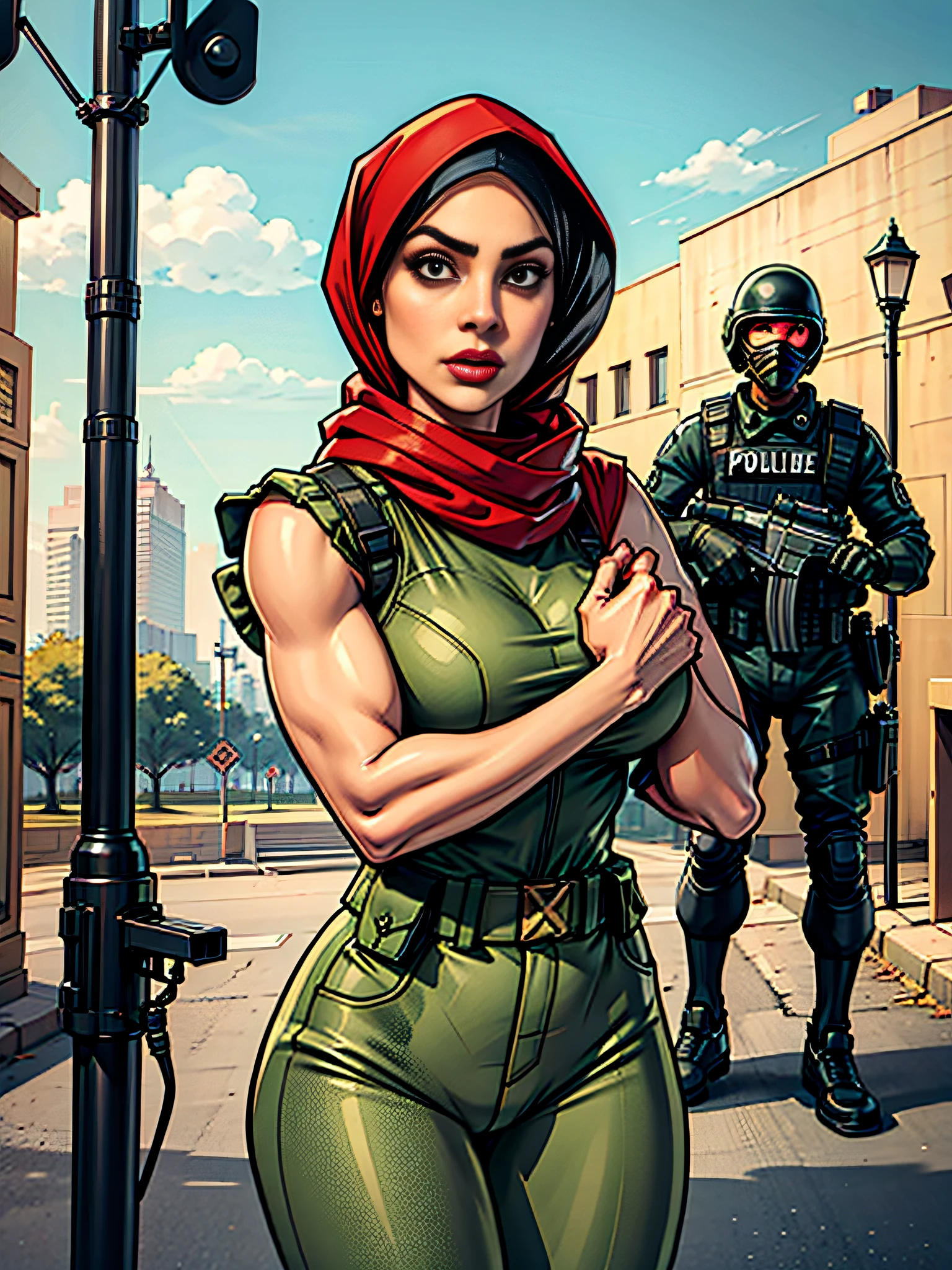 Stunning hijab woman wearing clothes ready to fight the oppression, armed police and military background