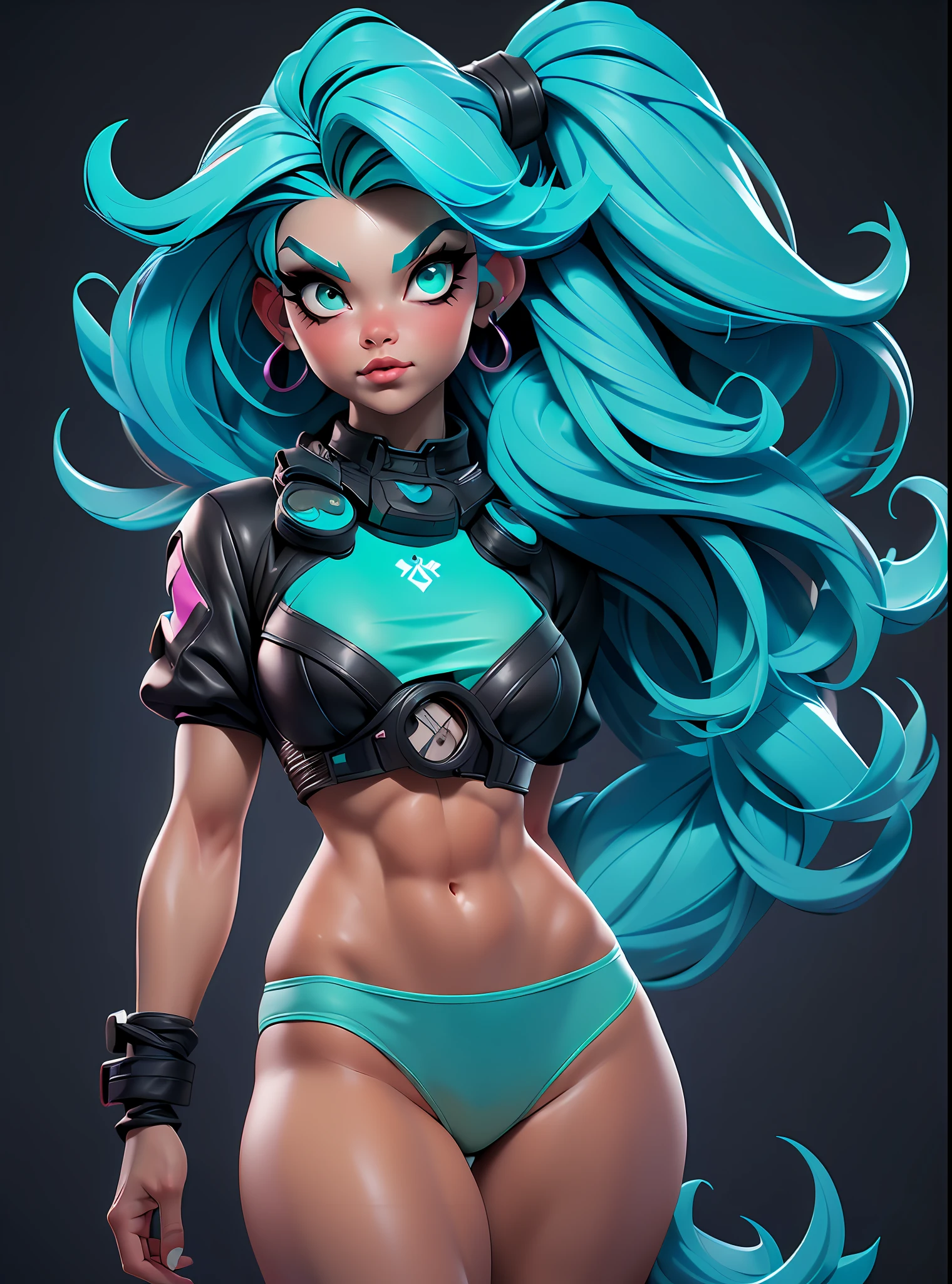 ((Best Quality)), ((Masterpiece)), ((Realistic)) and ultra-detailed photography of a 1nerdy girl with goth colors. She has ((turquoise hair)), wears a small black micro-thong, black micro-bikini , ((beautiful and aesthetic)), muscular fit body abs, sexy, under-boobs, hot