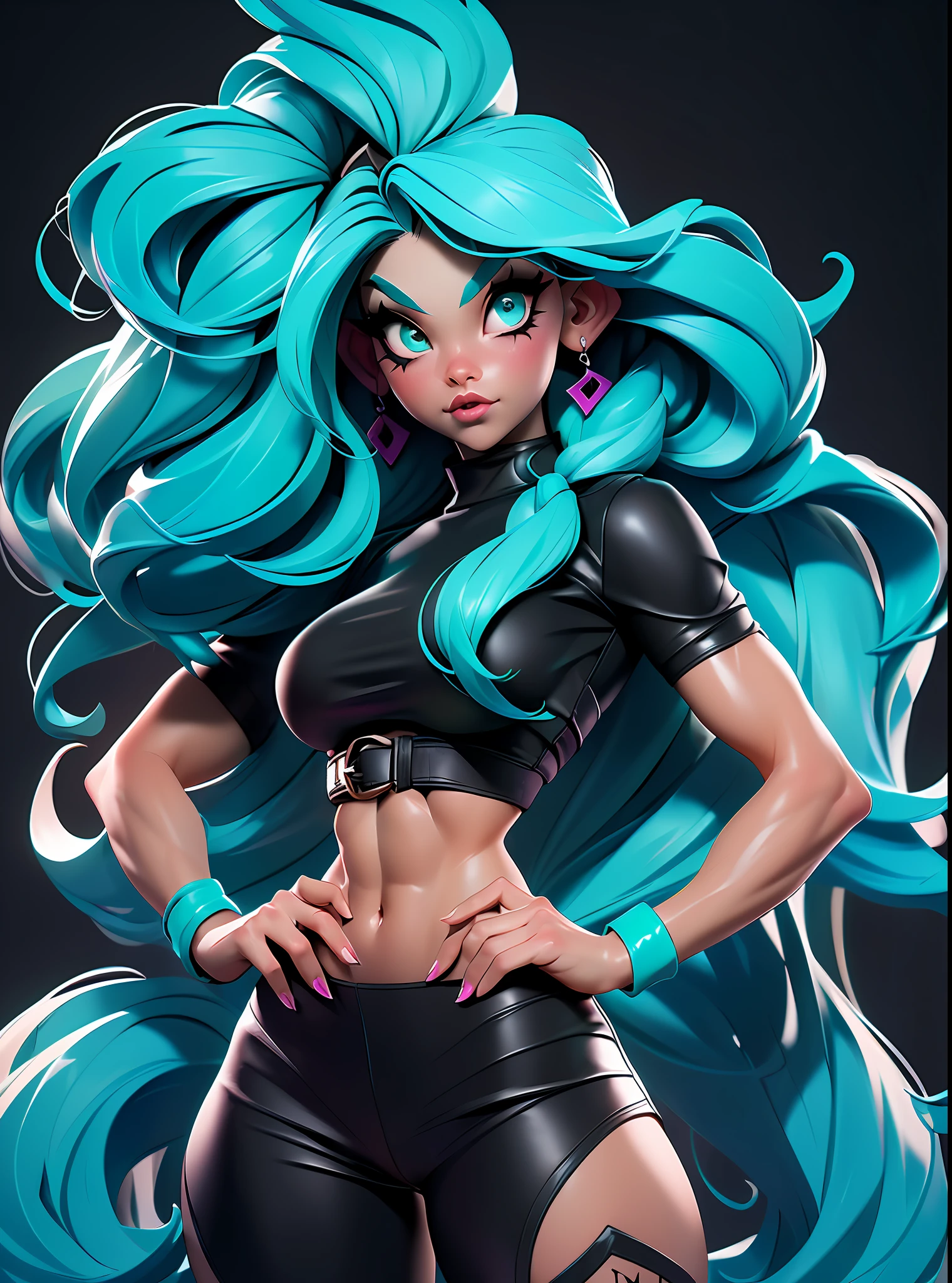 ((Best Quality)), ((Masterpiece)), ((Realistic)) and ultra-detailed photography of a 1nerdy girl with goth colors. She has ((turquoise hair)), wears a small black micro-thong, black micro-bikini , ((beautiful and aesthetic)), muscular fit body abs, sexy, under-boobs, hot