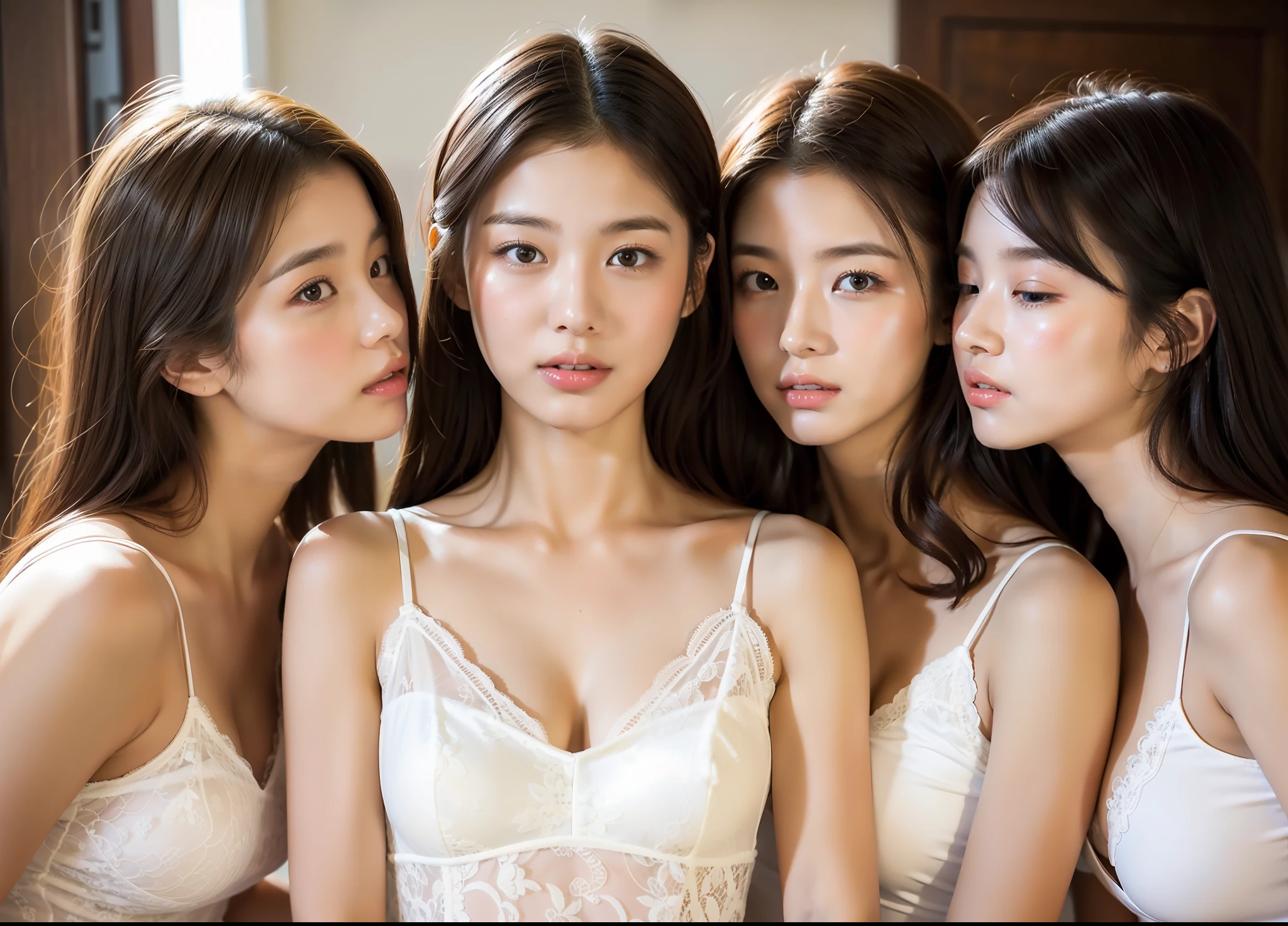 3 young women, oriental, idol, beauty, , white lace camisole, kissing face