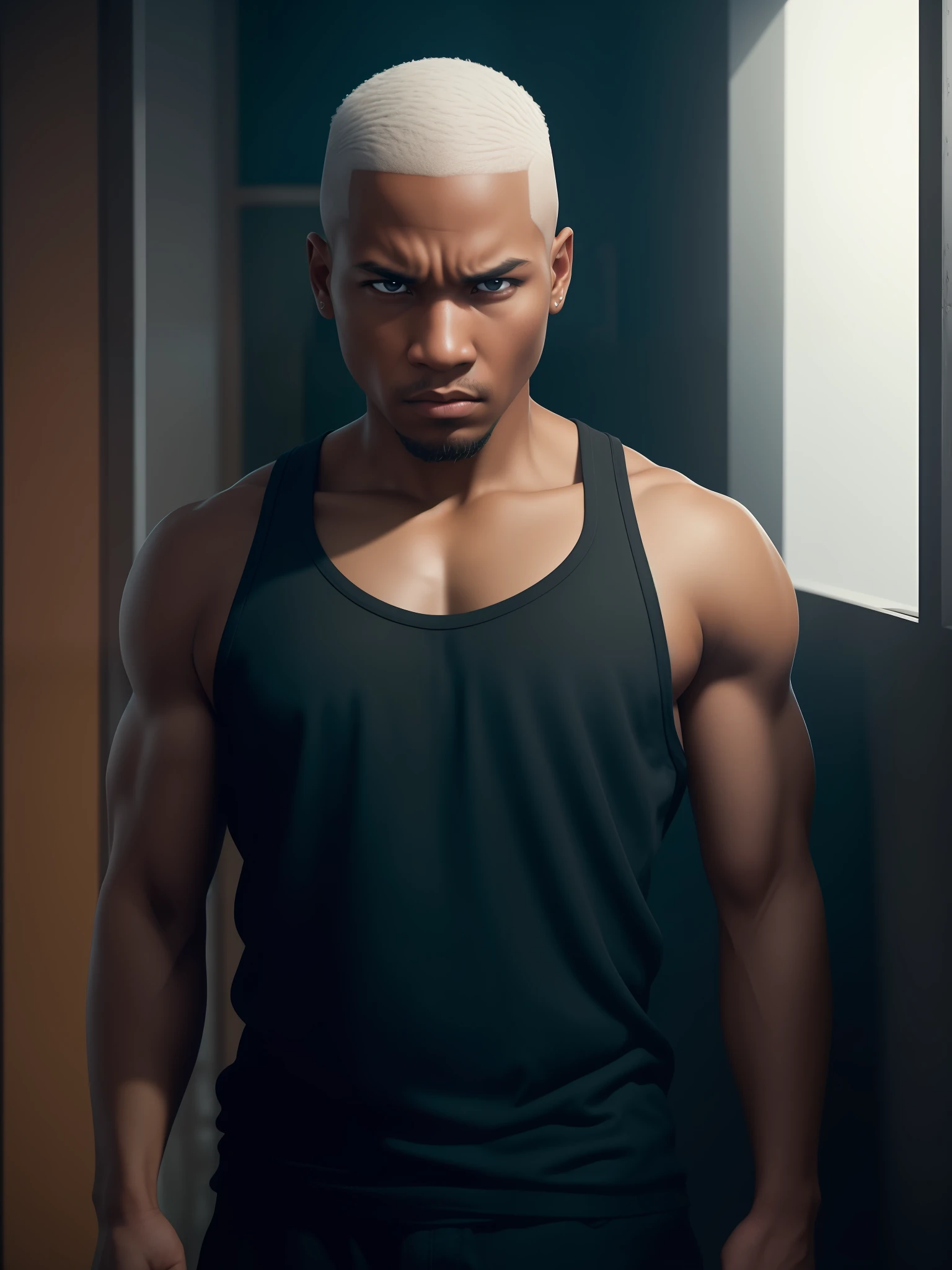 by lee jeffries nikon d850 film stock photography 4 kodak portra 400 camera f1.6 rich lenses colors hyper realistic texture dramatic lighting unrealengine trend in artstation cinestill 800, Extremely detailed face, realistic, best quality, photorealistic, 8k quality, High ress, (1boy, in the house of 19 years, young, adolecent, student, student, standing, looking at the camera, shaved hair, angry, staring, combat pose, skin color white), first-person view