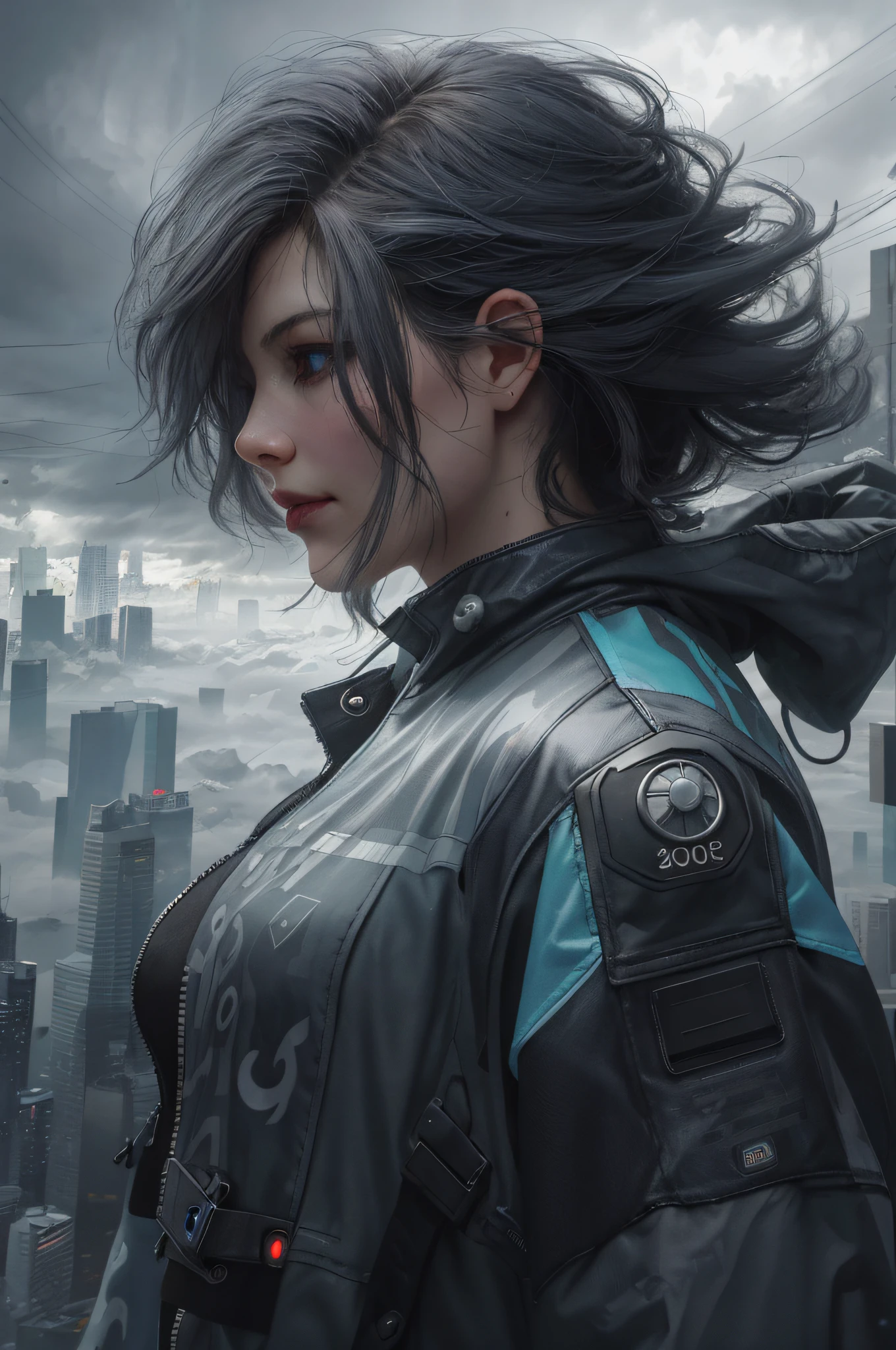 cyberpunk [foggy cityscape in the distance : very pretty girl, city:0.33] immersed in a giant flow of wind, living in a thunder cloud, behind the cloud, (double exposure:1.3), photo by Brandon Woelfelmist, surreal dream, gray atmosphere, rainy day, dynamic, lut, hdr
